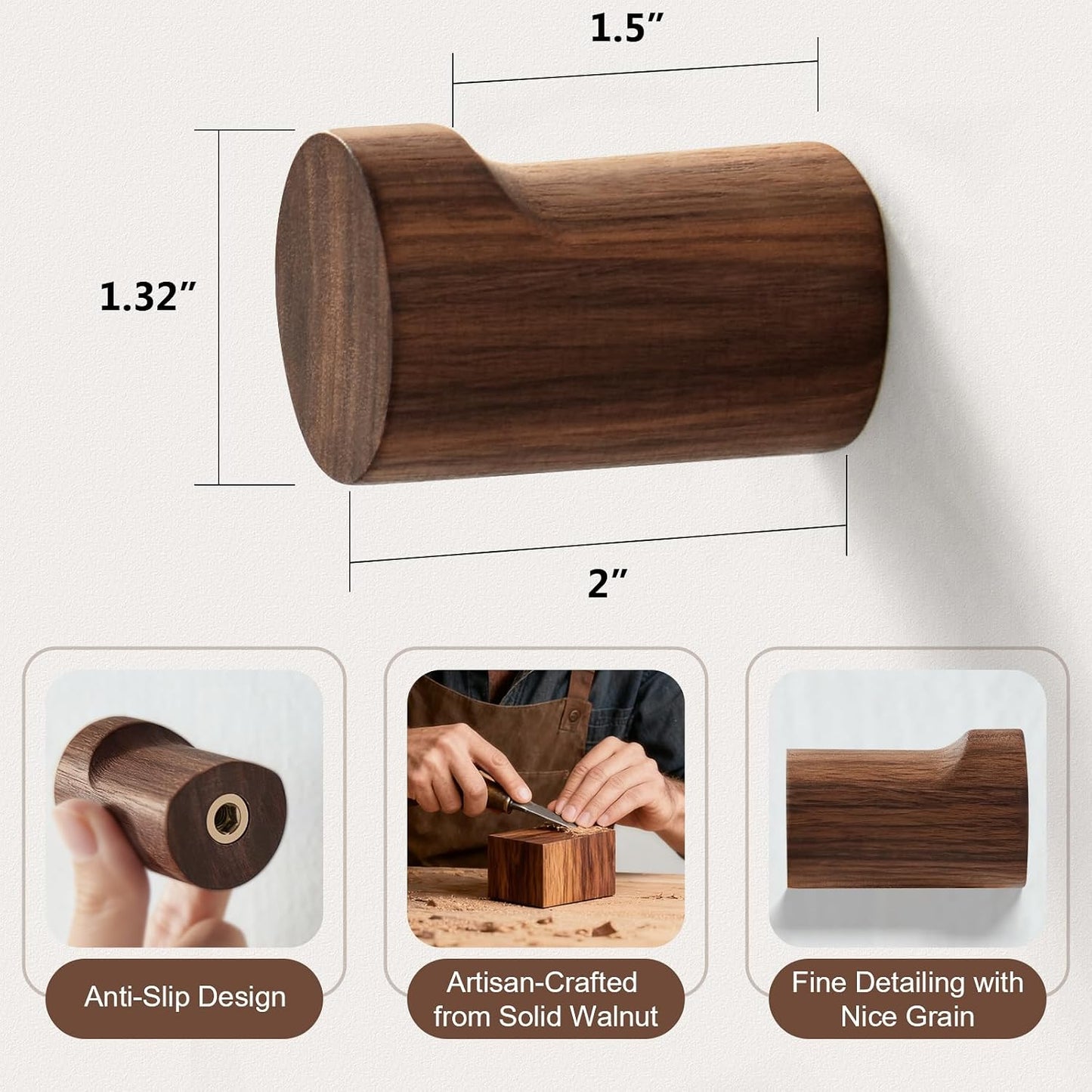 Wooden Wall Hooks / 4 Hooks / Walnut / Set of 4