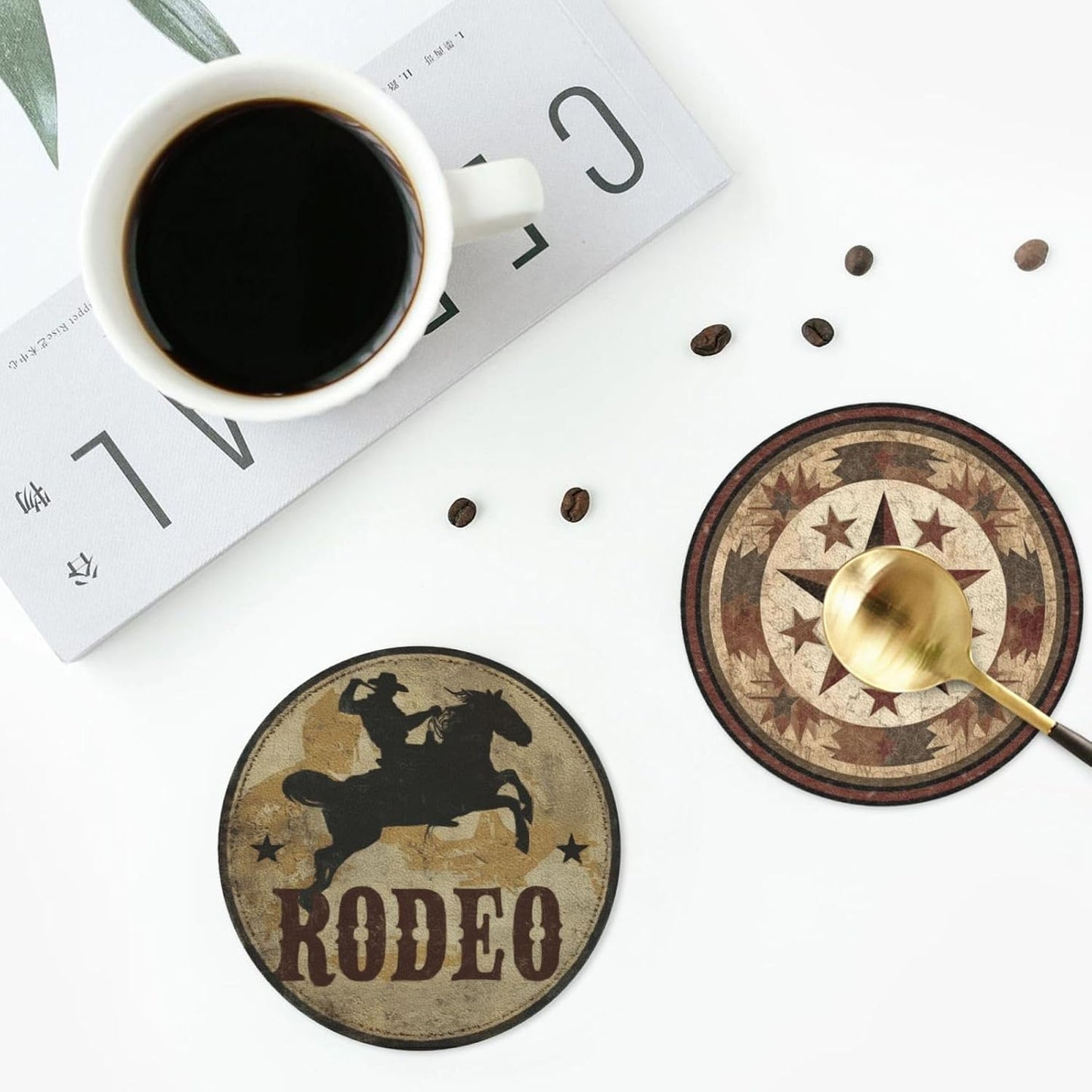 Holder Round Leather Coasters Cups Mugs Mat Pad / Western / Set of 6
