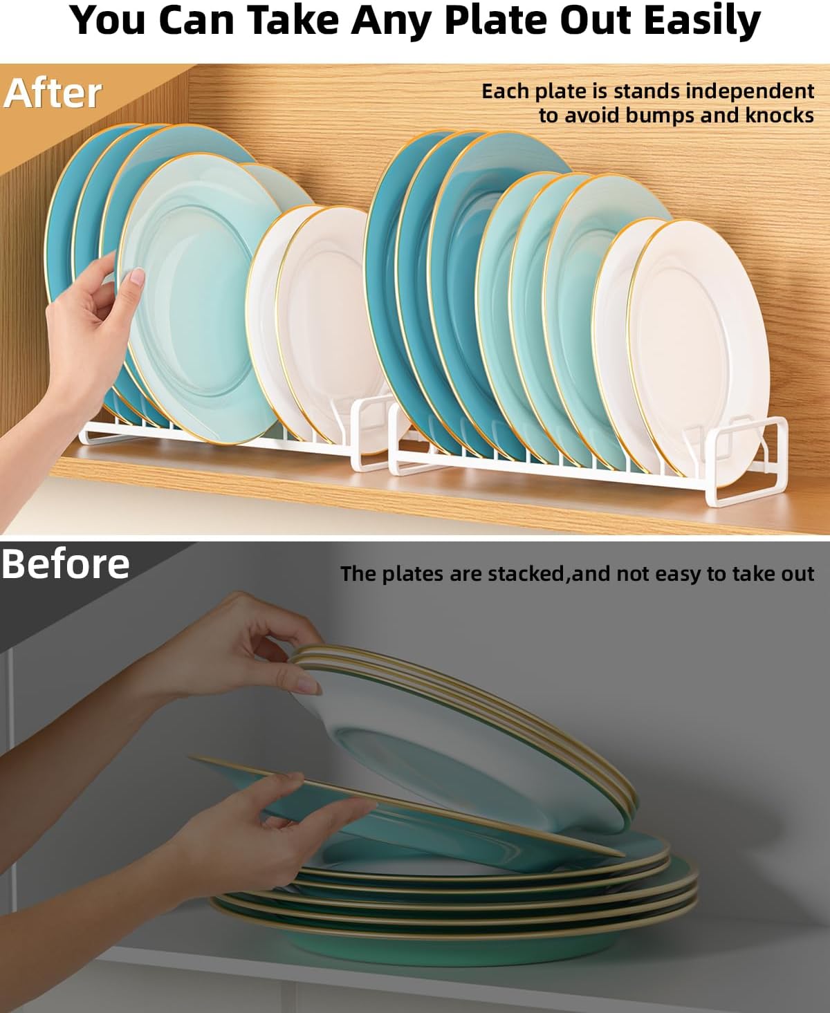 Plate Organizer for Cabinet -2Pack,Dish Rack Organizer for Cabinet Kitchen Countertop Drawer Space Saver，8 Slots