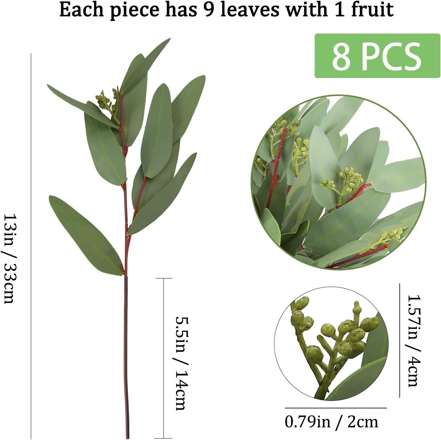 Seeds Artificial Seeded Leaves Branches Greenery / Green - Eucalyptus Stems / 13 Inch / Set of 8