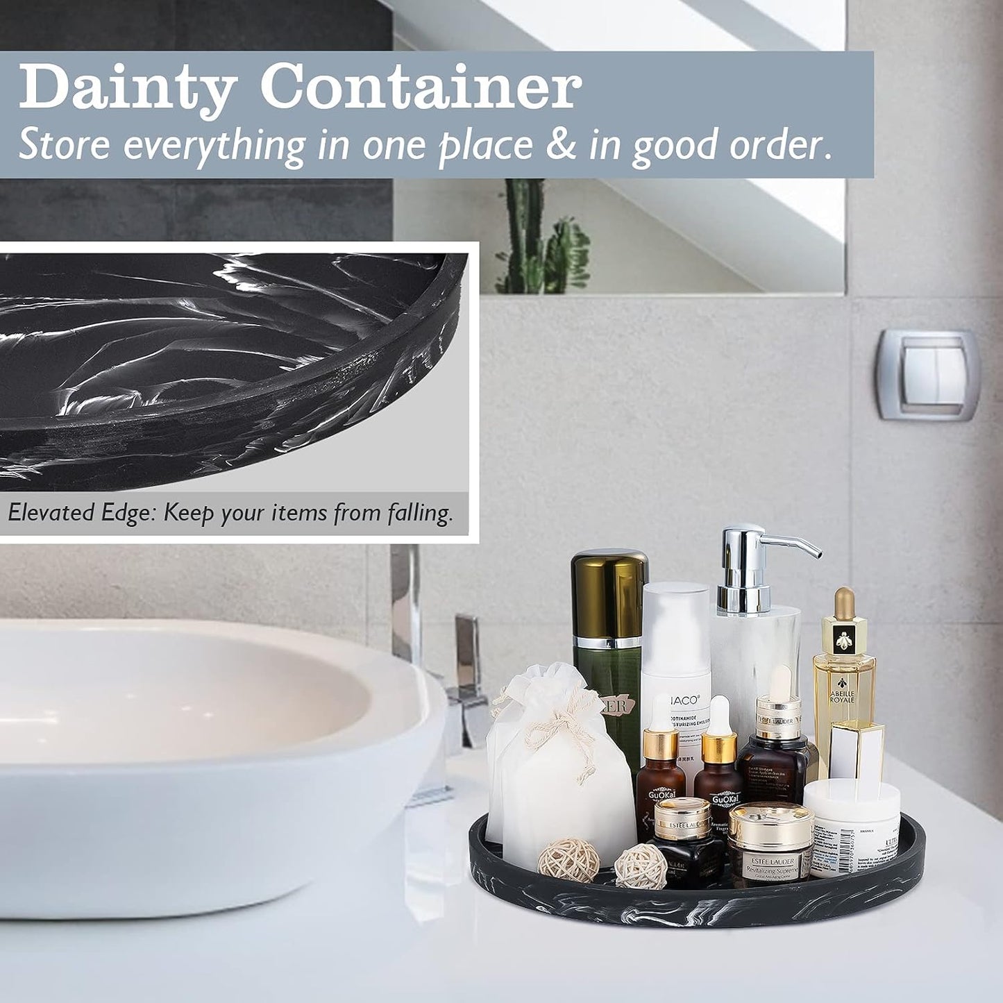 Vanity Tray / Resin Round Tray Decorative Storage Organizer / Round Matte Ink Black