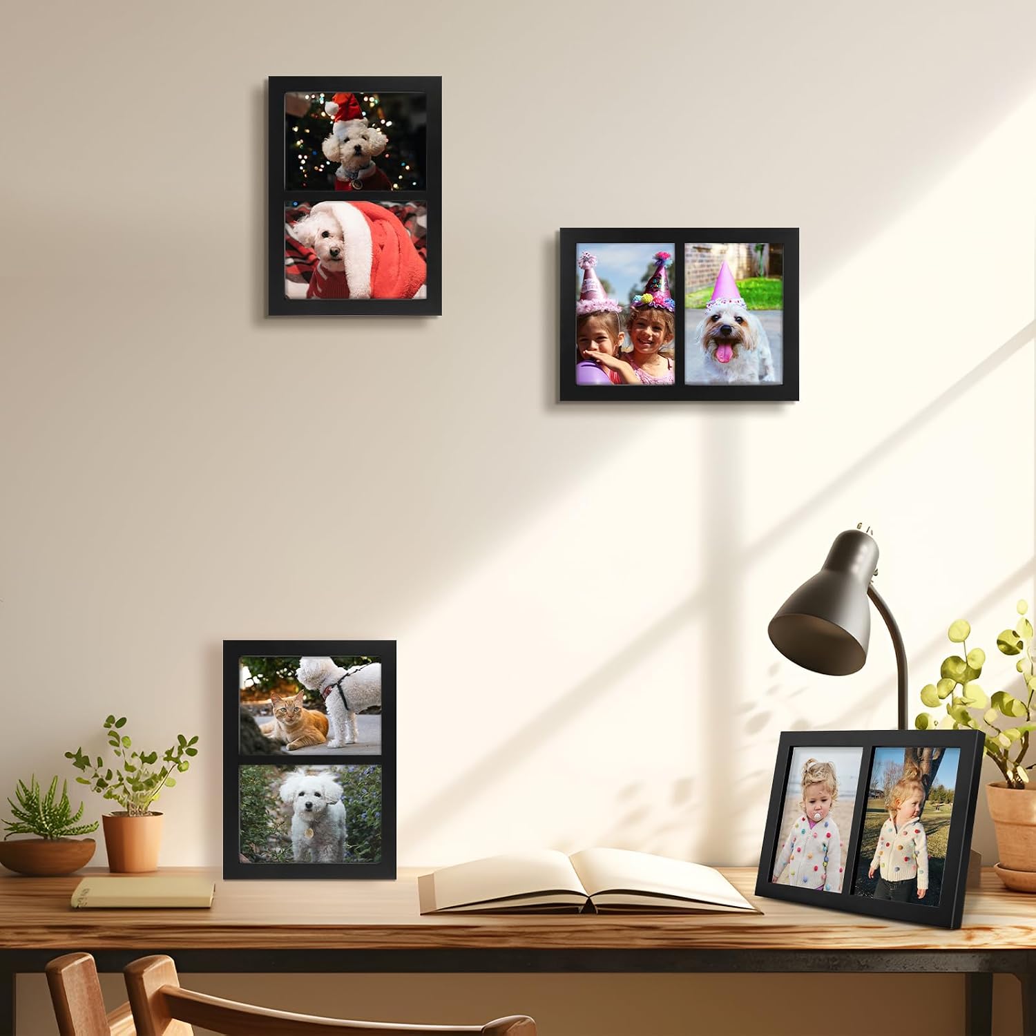 Golden State Art, 5x7 Double Picture Frame, Display Two 5x7 Photos(Black) | Solid Wood - Real Glass For Tabletop Or