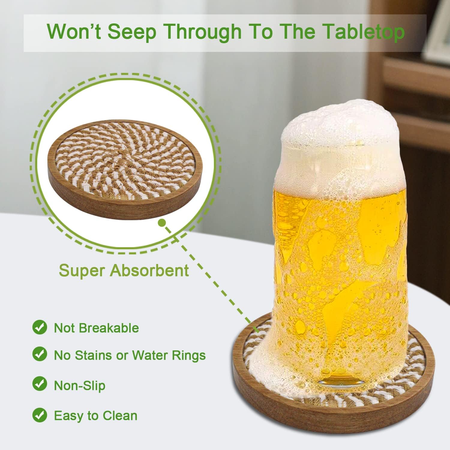 Wooden Drink Coasters / Borwn & White / 4.3 Inch / Set of 5
