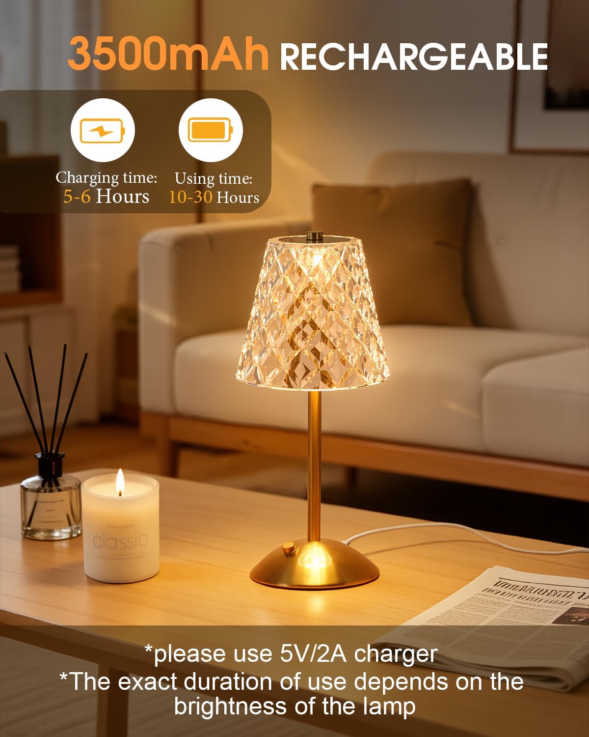 Nusogon Rechargeable Cordless Table Lamp, Gold Small Battery Powered Lamp | 3 Color Dimmable Small Bedside Lamp, LED
