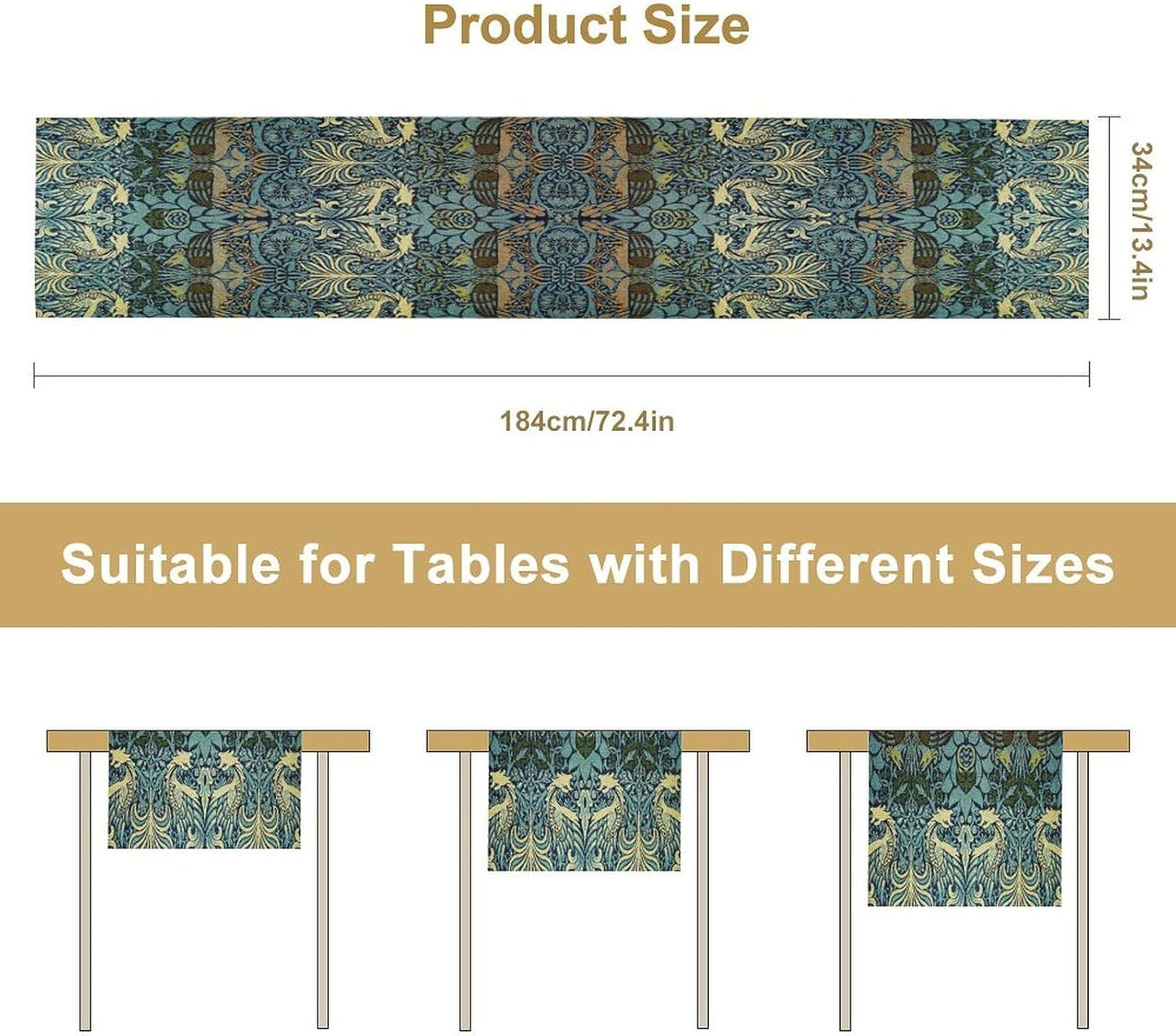 William Morris Peacock Dragon Table Runner, Vintage Flowers Boho Botanical Flowers Birds Printed Linen Table Runner for