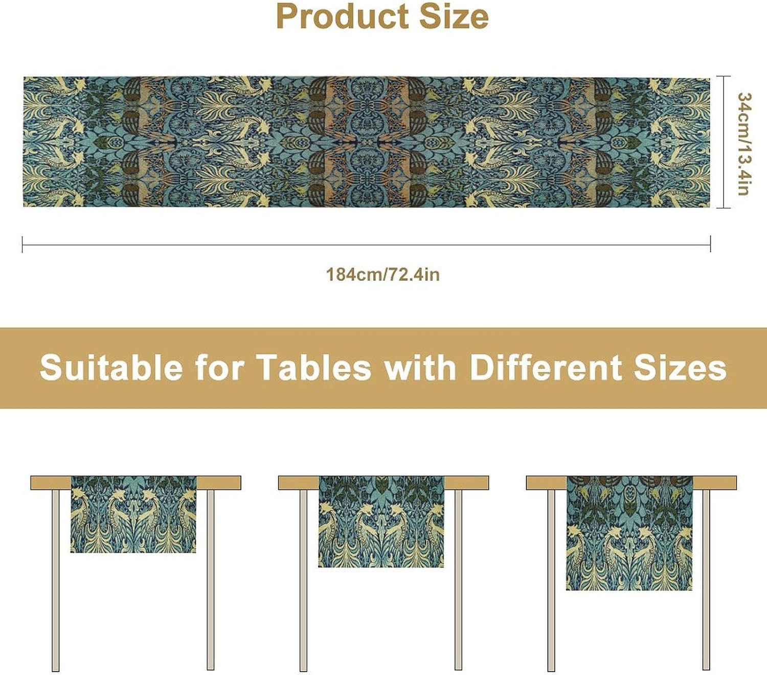 William Morris Peacock Dragon Table Runner, Vintage Flowers Boho Botanical Flowers Birds Printed Linen Table Runner for