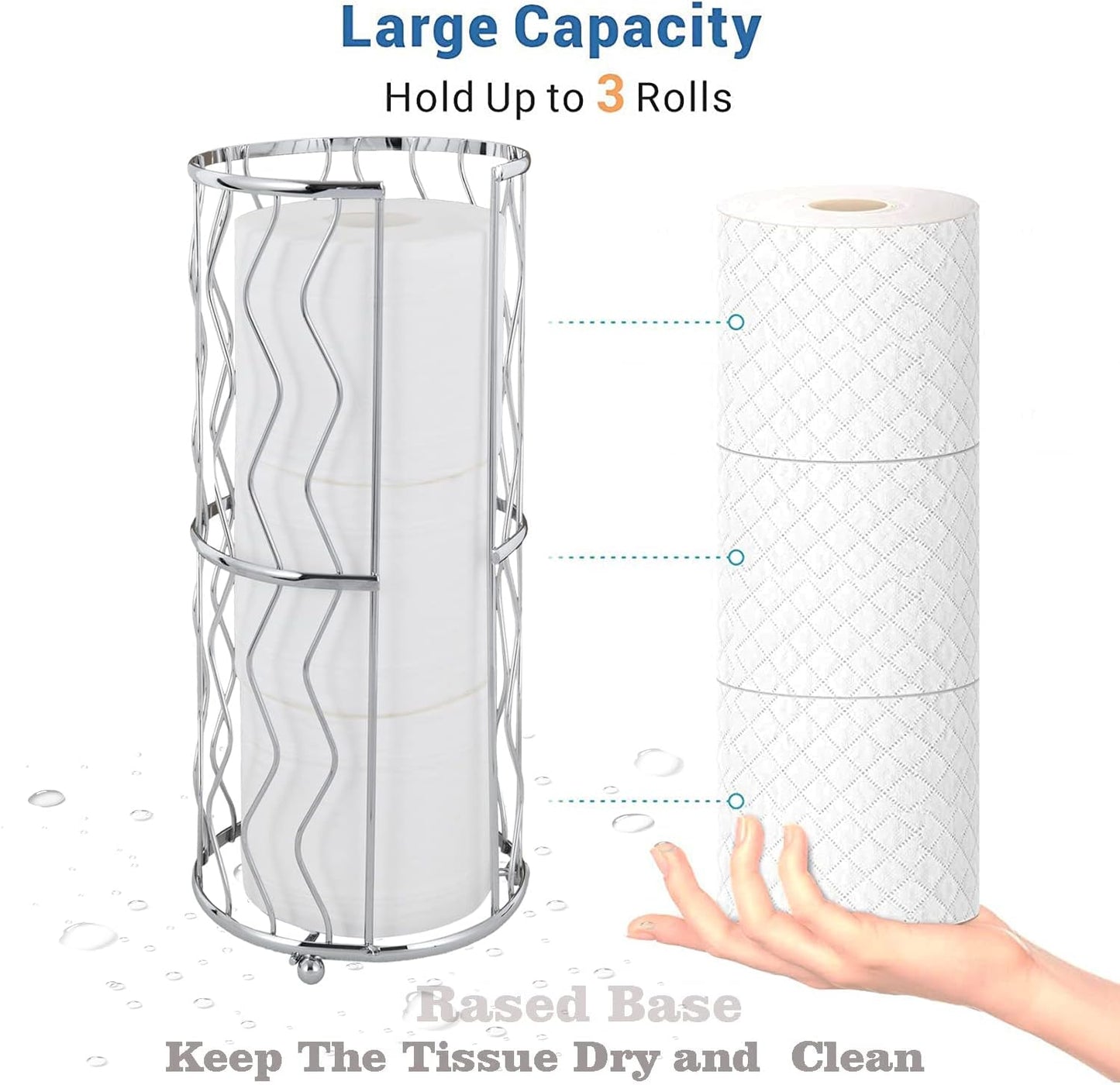 Decorative Metal Standing Toilet Tissue Holder for Bathroom/Powder Room, Compact Tissue Reserve for 3 Jumbo Rolls of