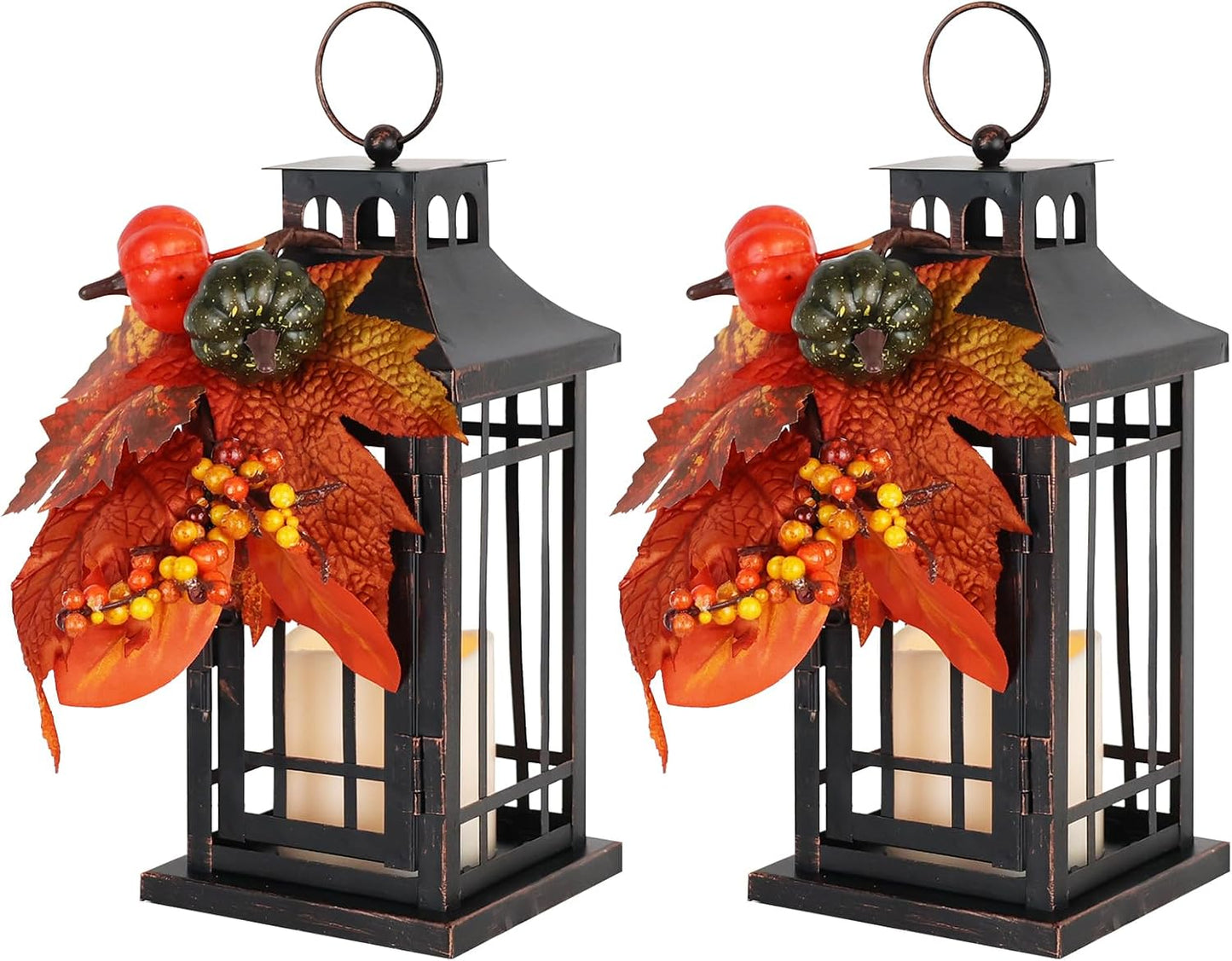 Set of 2 Fall LED Candle Lantern Decorative Indoor & Outdoor, 11" Fall Hanging Lanterns with LED Candles, Metal Outdoor
