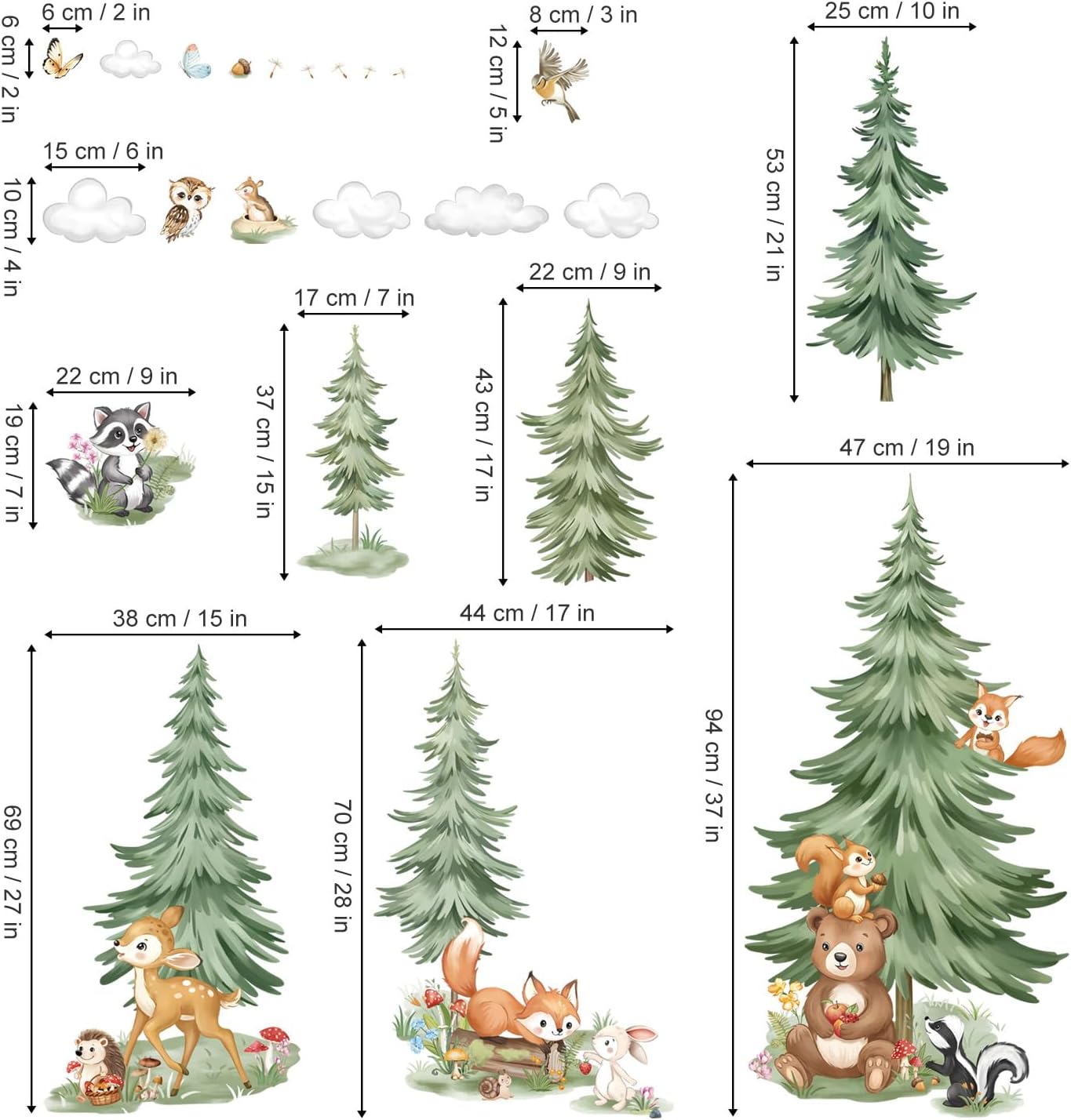 Mountain Tree Woodland Wall Decals Large Pine Tree Forest Animal Bear Deer Fox Wall Stickers Kids