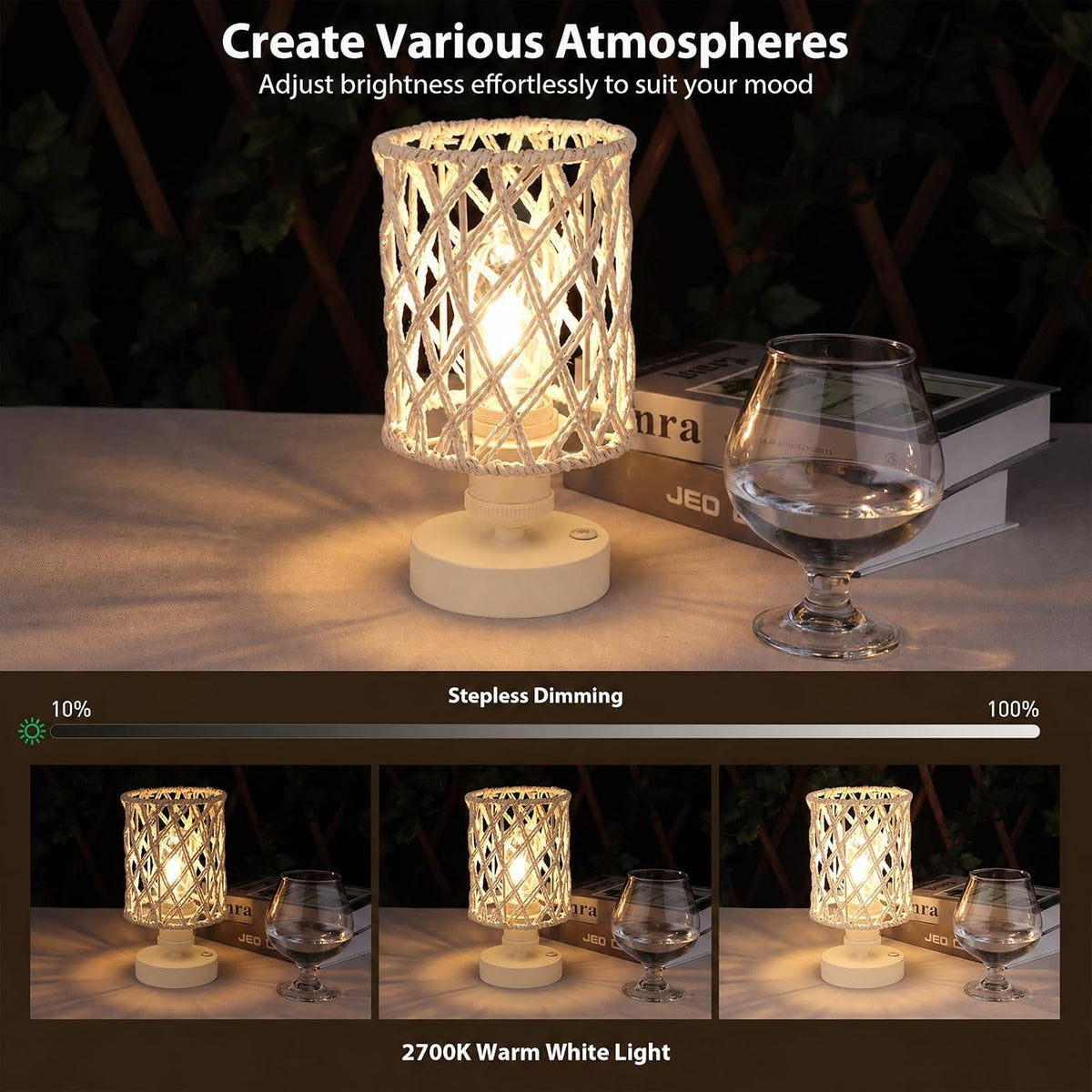 Cordless Outdoor Table Lamps, Small Rattan Boho, Rechargeable Battery Operated for Outdoor Patio, Home, Living Room