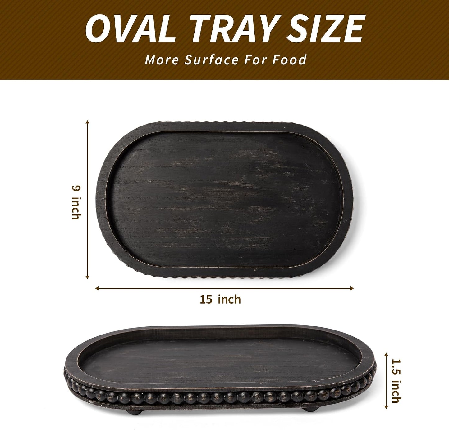 Black Wood Beaded Tray / 15inch Oval Black / 15 Inch