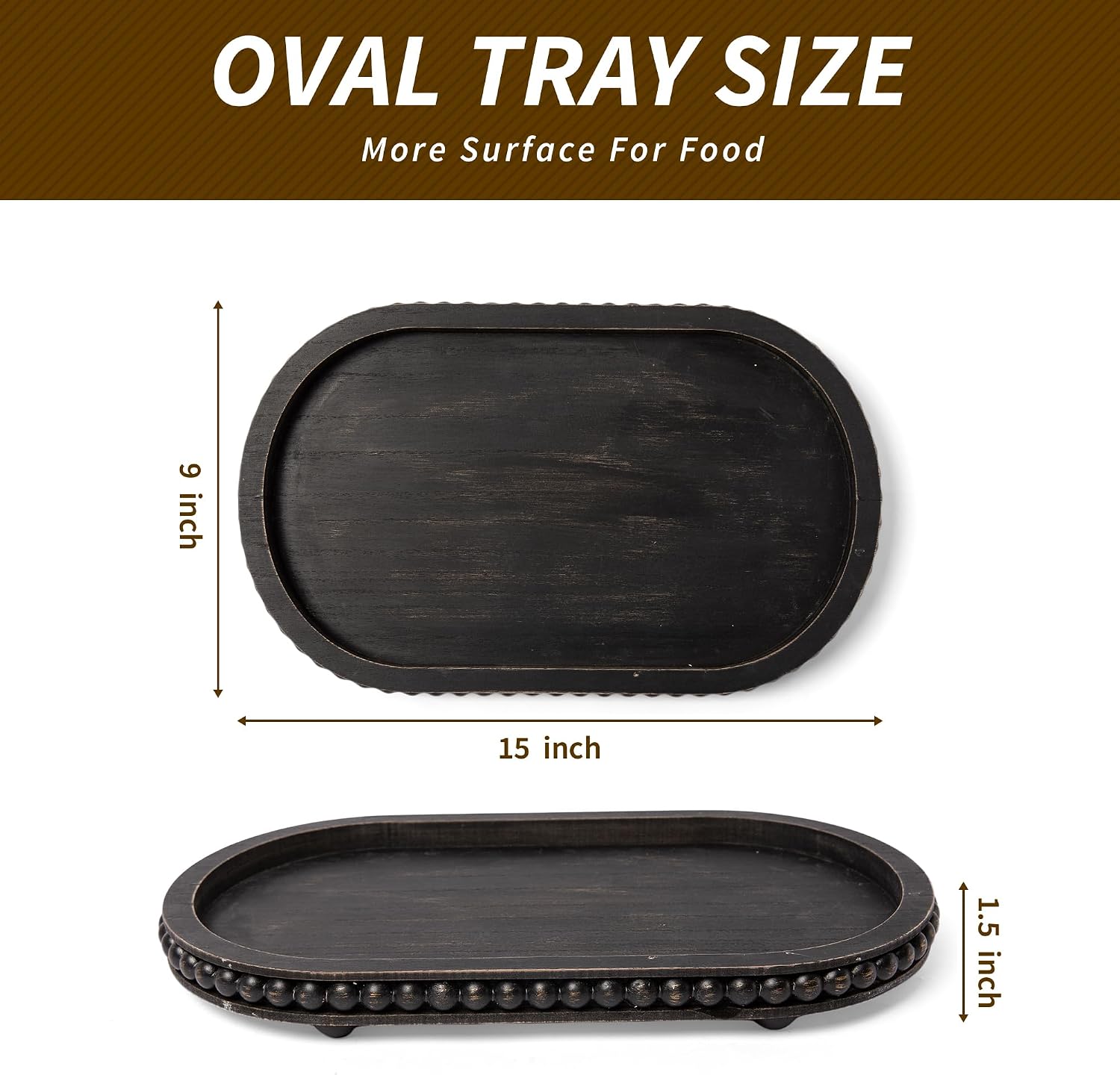 Black Wood Beaded Tray / 15inch Oval Black / 15 Inch