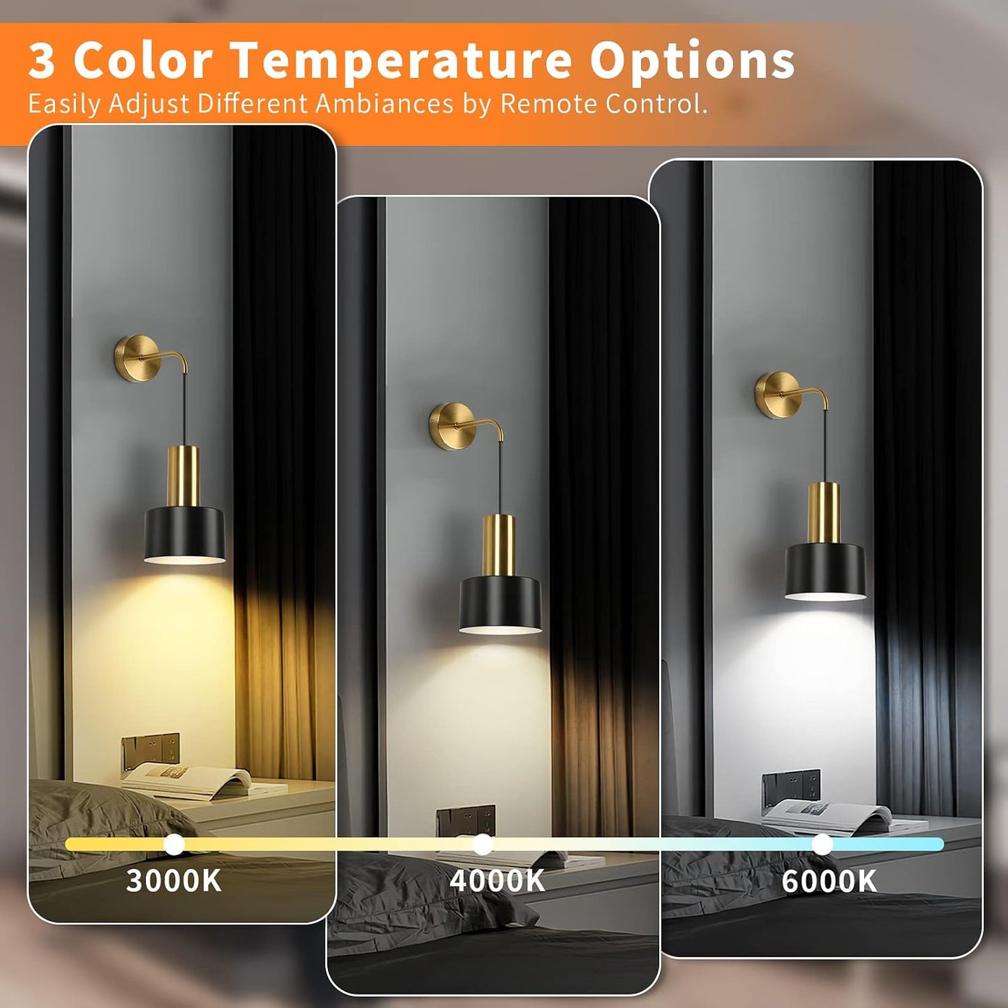 VerRon Battery Operated Wall Sconces Set of 2 with Remote and LED Bulbs | Black and Gold Wireless Wall Lamp Indoor
