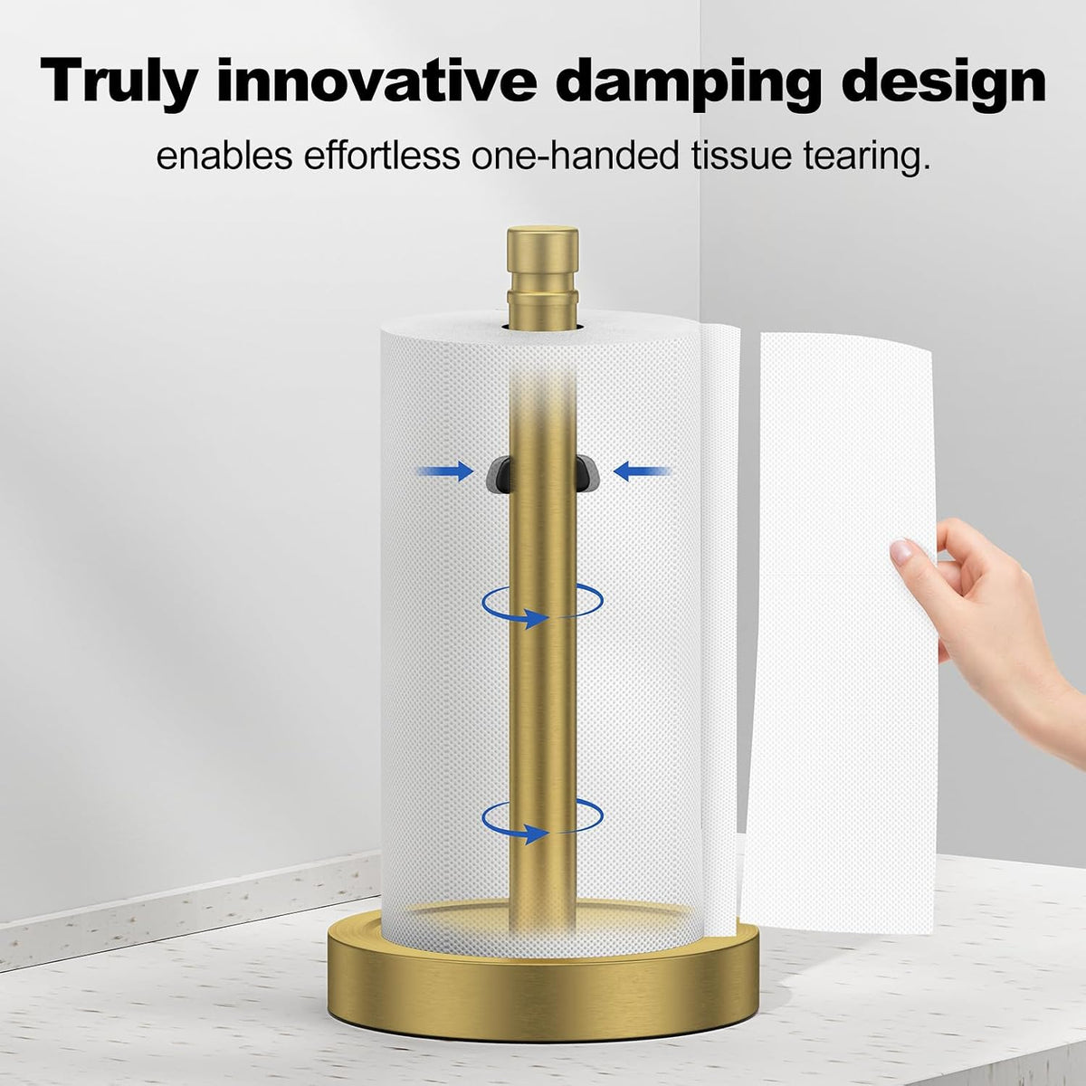 Brass Paper Towel Holder Countertop,One-Handed Tear, Stainless Steel, Weighted Base Paper Towel Roll Holder Stand,Paper
