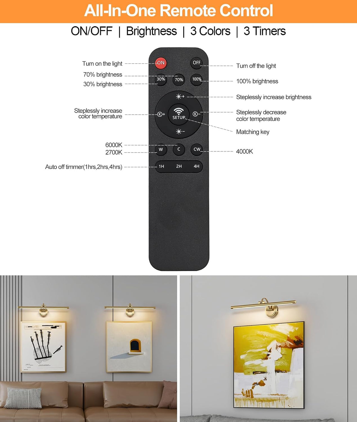 Picture Light for Wall, Dimmable Battery Operated Art Light, Picture Frame Light with Remote & Timer, Cordless Wall