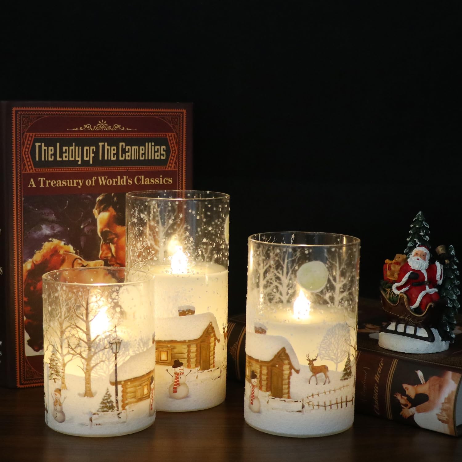 Snowman Glass Flameless Candles Battery Operated with Remote and Timer Real Wax LED Flickering Pillar Candles White