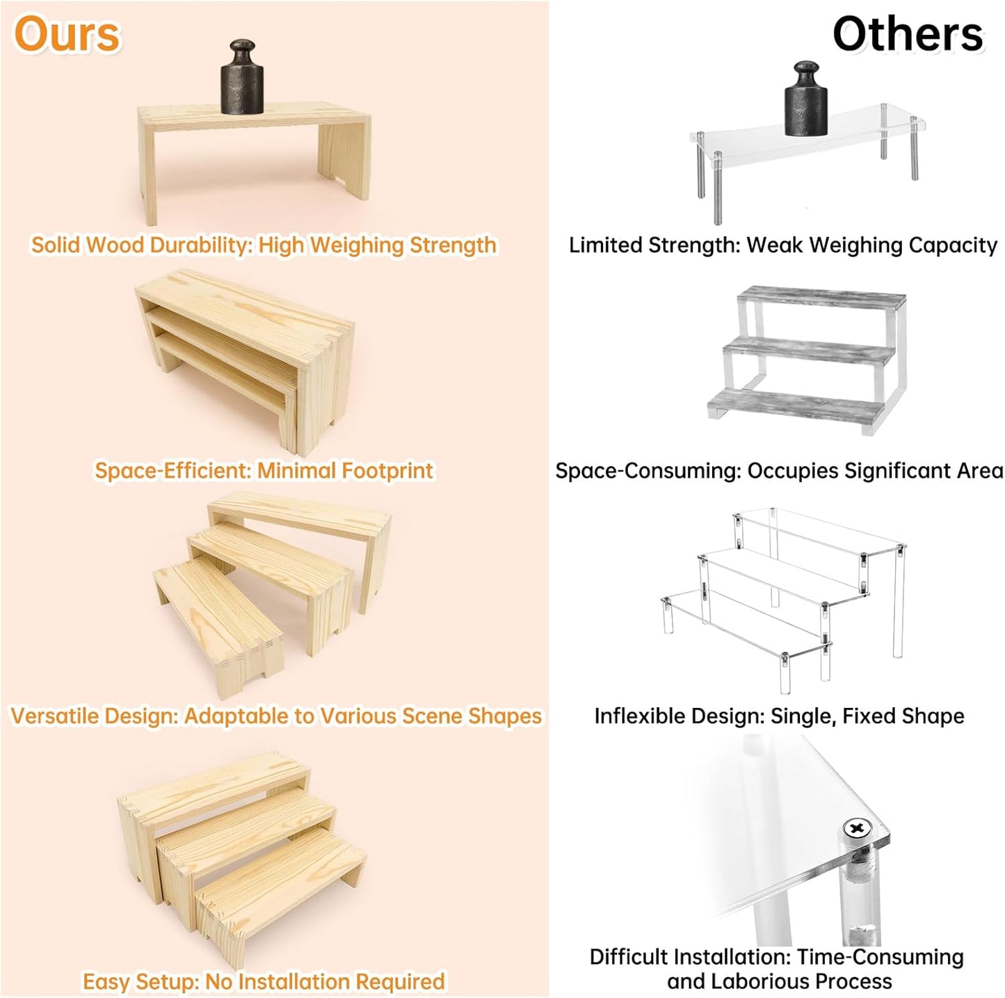 Tier Rectangular Stands / Natural Wood / 2 x 3 / Set of 6