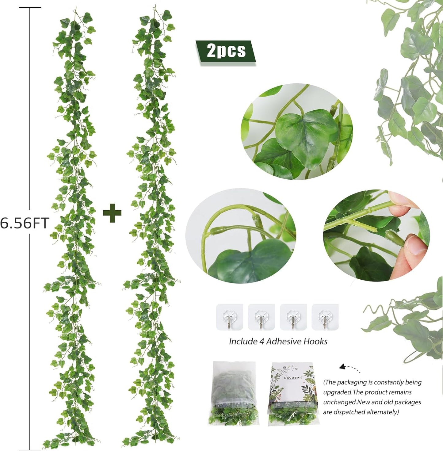 Artificial Vines Ivy Garland Fake Hanging Vine Plants Faux Green / Emerald Green / 6 Inch / Set of 2