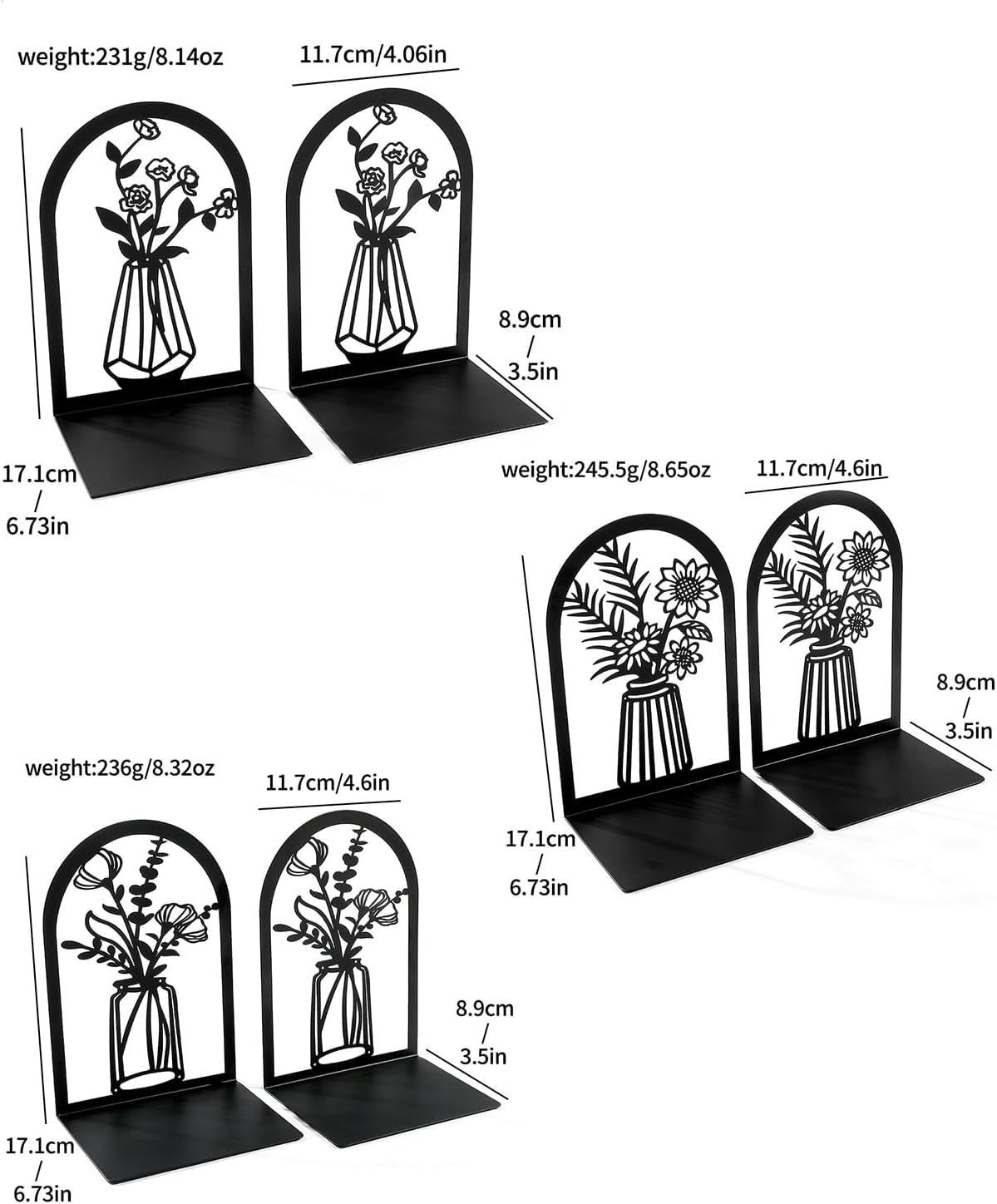 Metal Bookends / Metal Book Ends 3 Pairs / Black