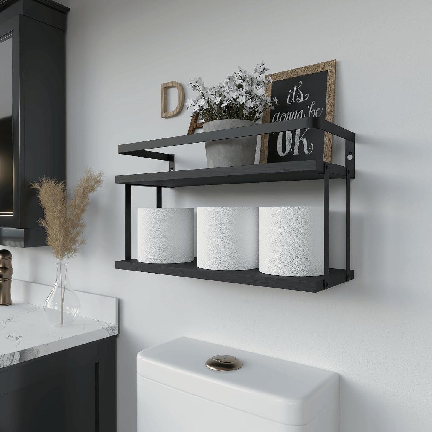RICHER HOUSE Floating Shelves Bathroom, Wall Mounted Shelf Over Toilet | Dual-Level, with Metal Guard-Rail, Organizers