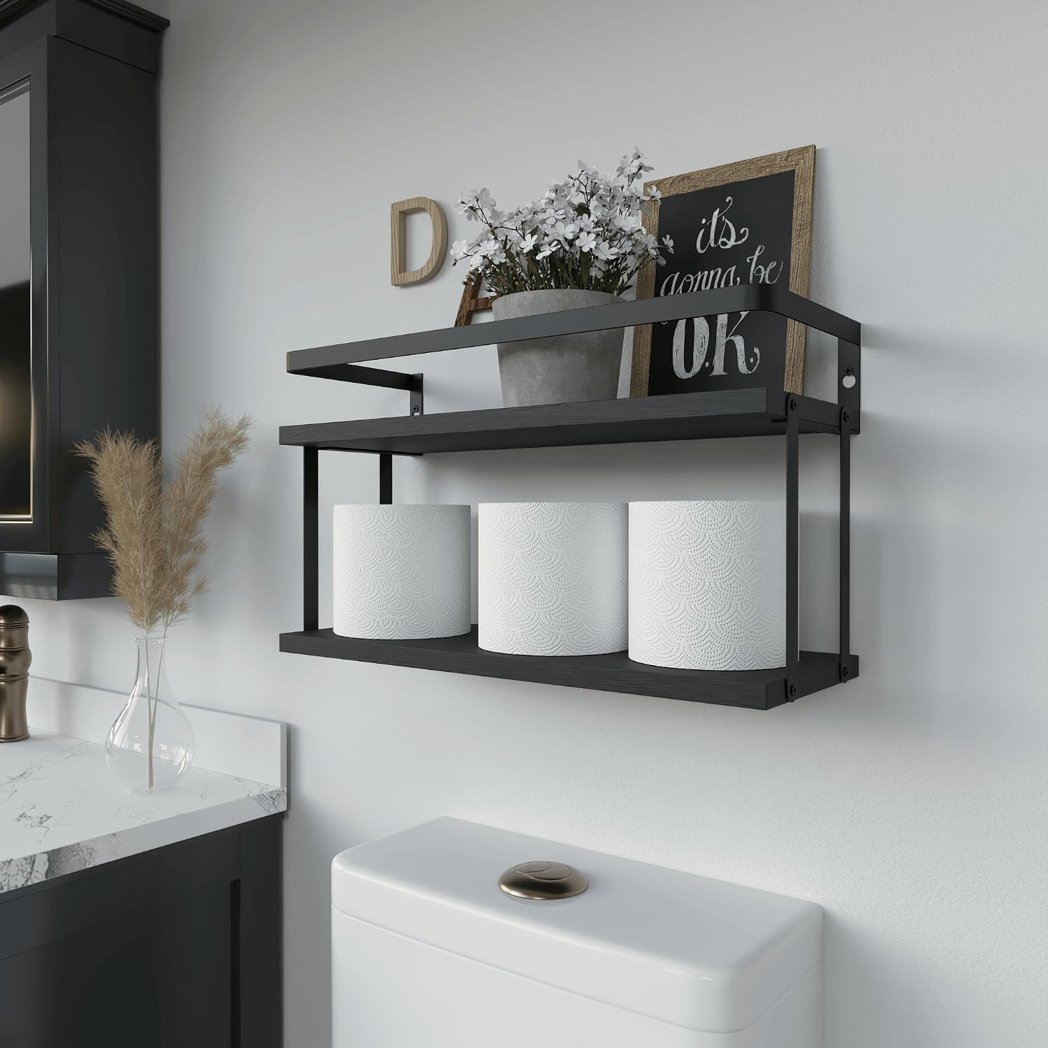 RICHER HOUSE Floating Shelves Bathroom, Wall Mounted Shelf Over Toilet | Dual-Level, with Metal Guard-Rail, Organizers