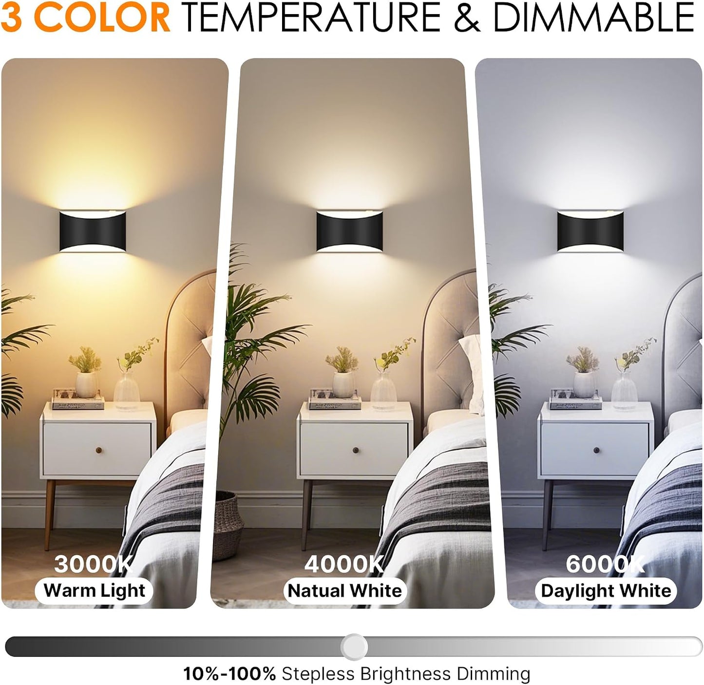 Battery Operated Wall Sconces Set of 2 Rechargeable Wireless Black | 8000mAh Remote & Touch Control Wall Lamps 3 Color