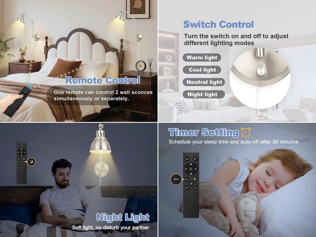 GOODATE 1 Pack Plug in Wall Sconce with Remote, Dimmable, Adjustable Colors, Swing Arm Wall Lamp, Plug in Wall Light