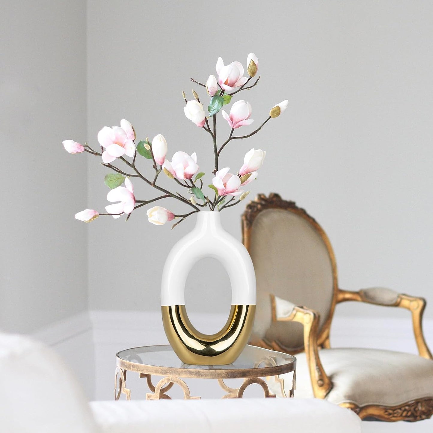 Gold and White Vase Donut Vase Ceramic Vase for Flowers Pampas Minimalist / Hollow / White+gold #2