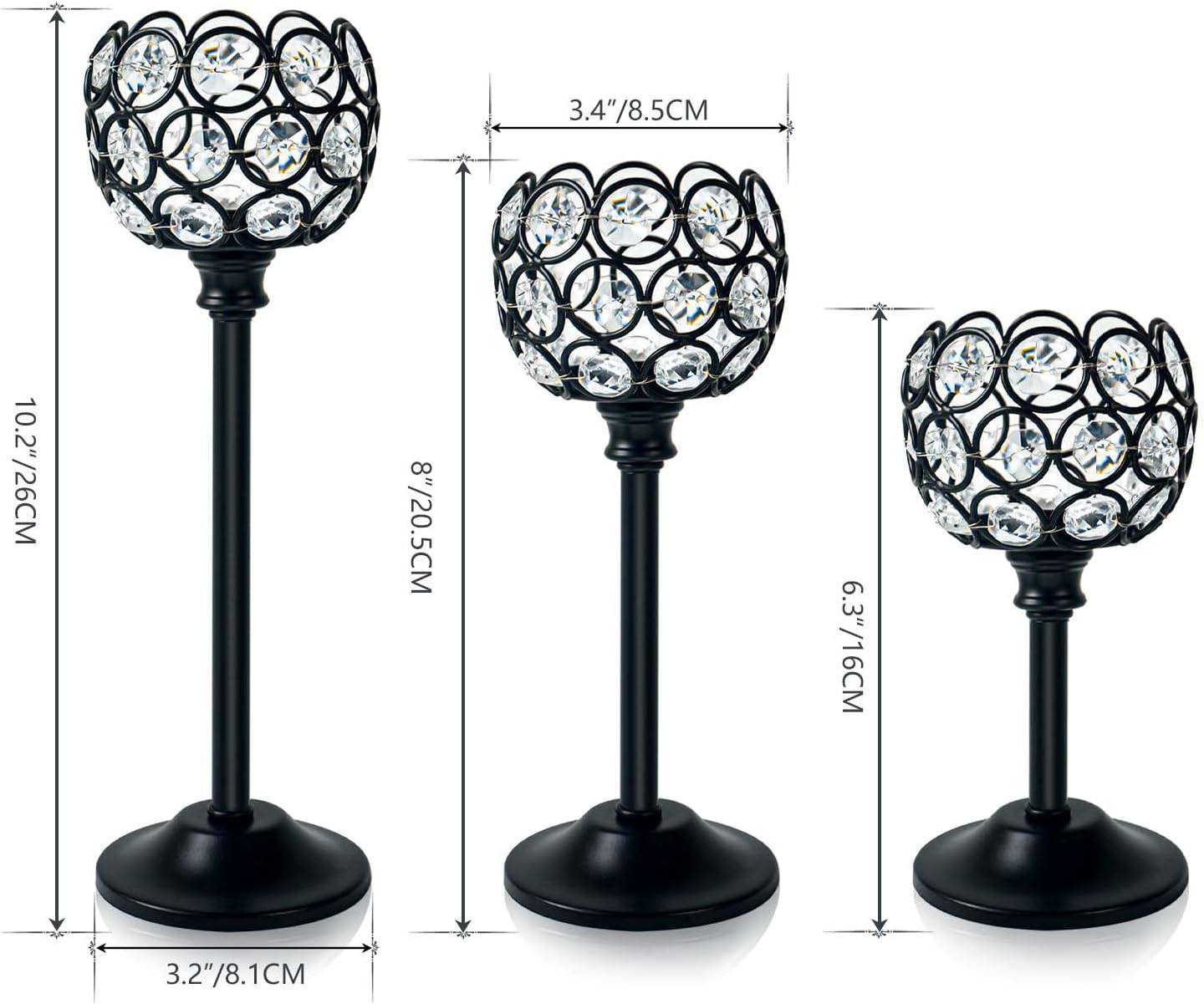 6pcs Crystal Candle Holder Set, 3 Sizes Tealight Candlestick Holders, Elegant Black Candelabra Bulk for Wedding Table