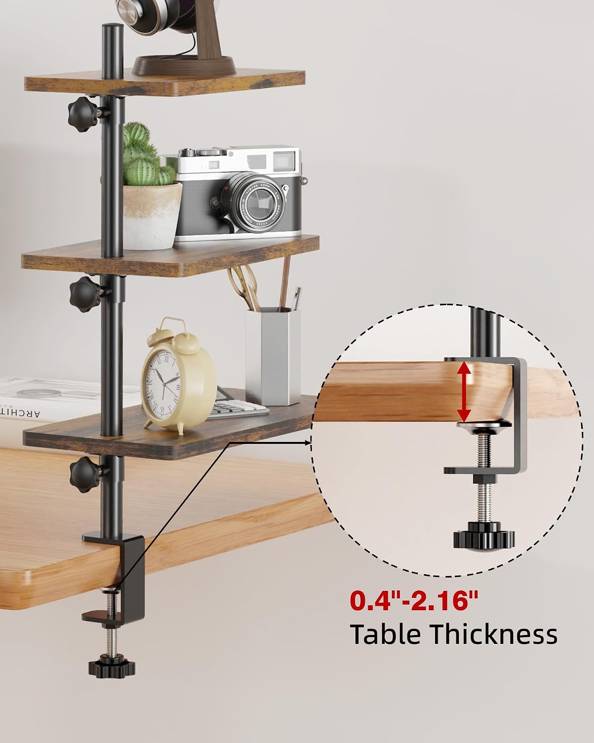 3 Tiers Clamp On Desk Shelf, 360° Angle Adjustable Desktop Shelf Organizer for Home Office Gaming Room, No Drill Desk