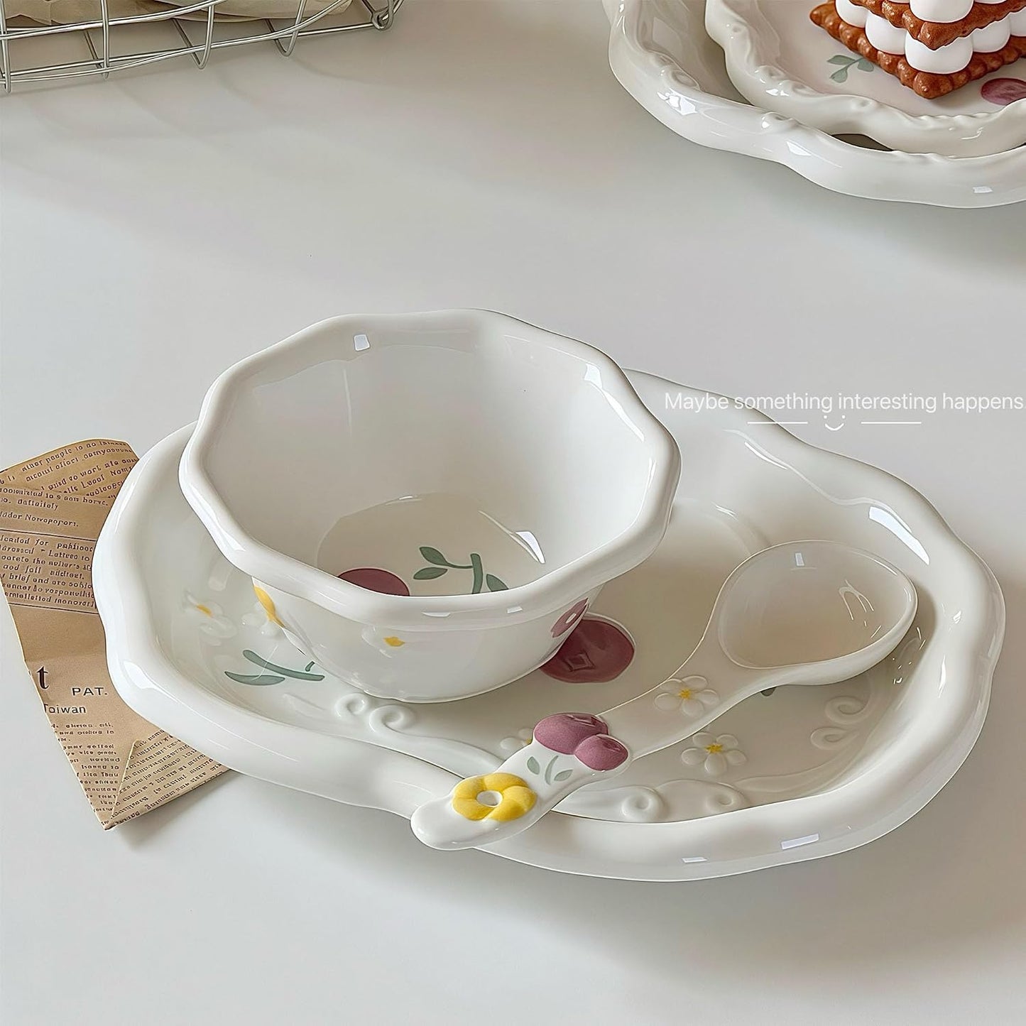 Quad Plate Jewelry Tray Ceramic Ring Holder / #c Cherries - Quad Plate Jewelry Tray / 10.8 x 6.3