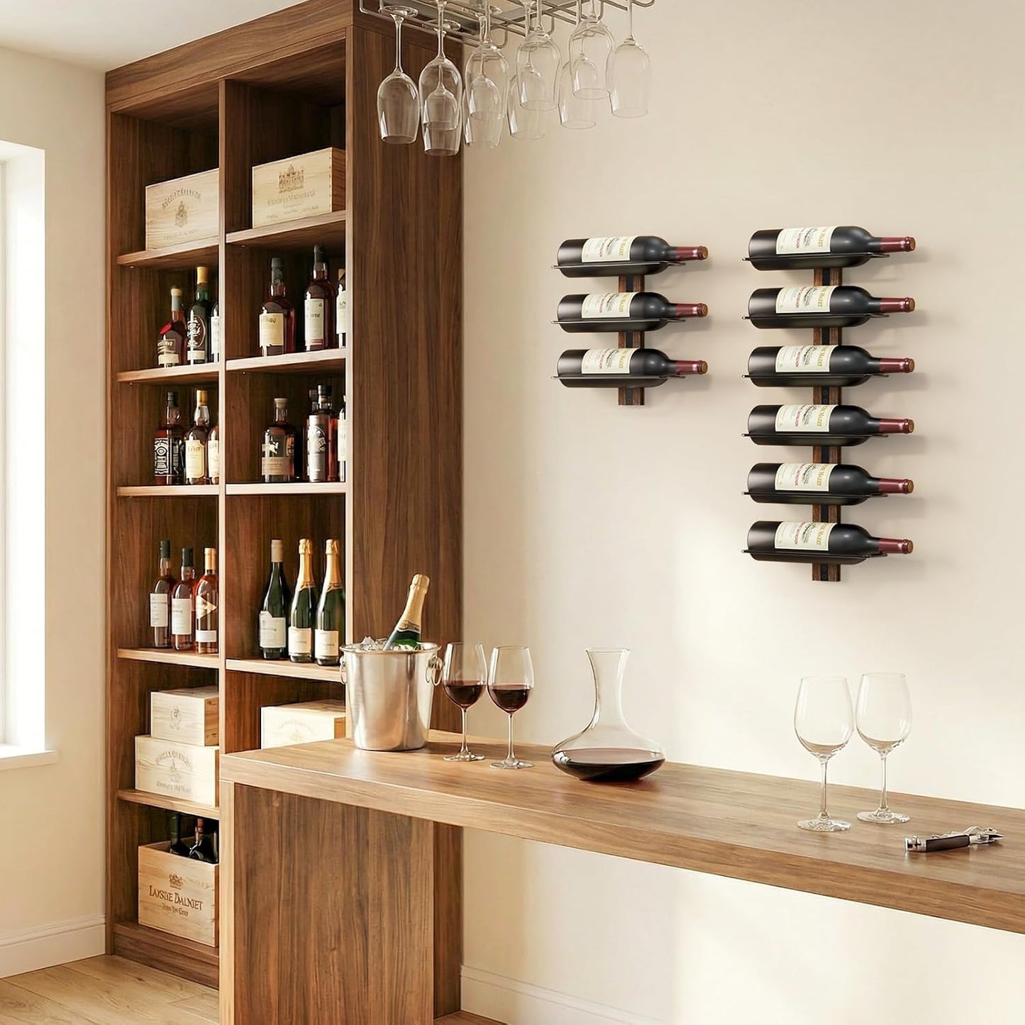 B4Life Wall-Mounted Wine Rack, 9 Bottles Wood & Metal Storage | Collectors, Dining Rooms, Kitchens, Home Bars, Wine