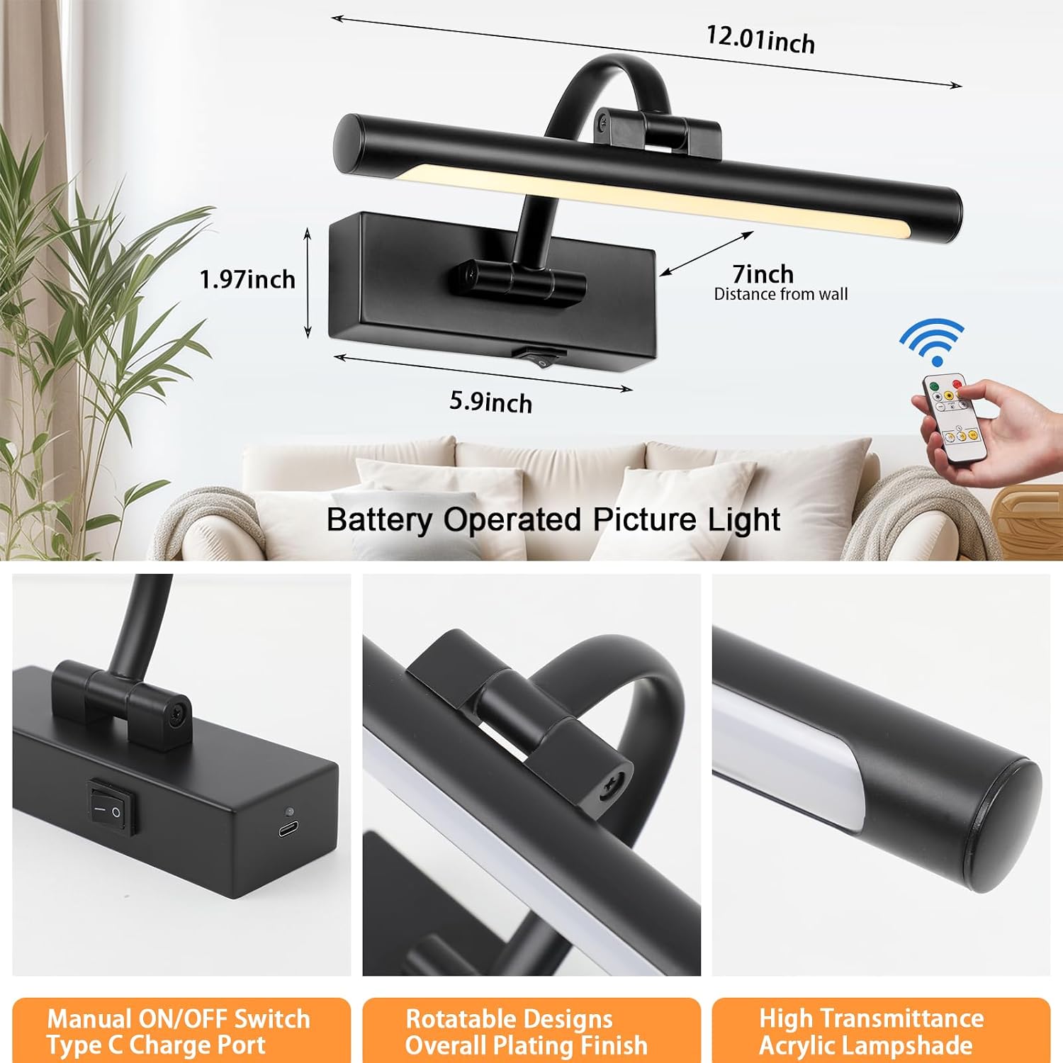 Tassuowell Battery Powered Picture Light with Remote and Timer,Full Metal Art Light with Swing Arm,12 Inch