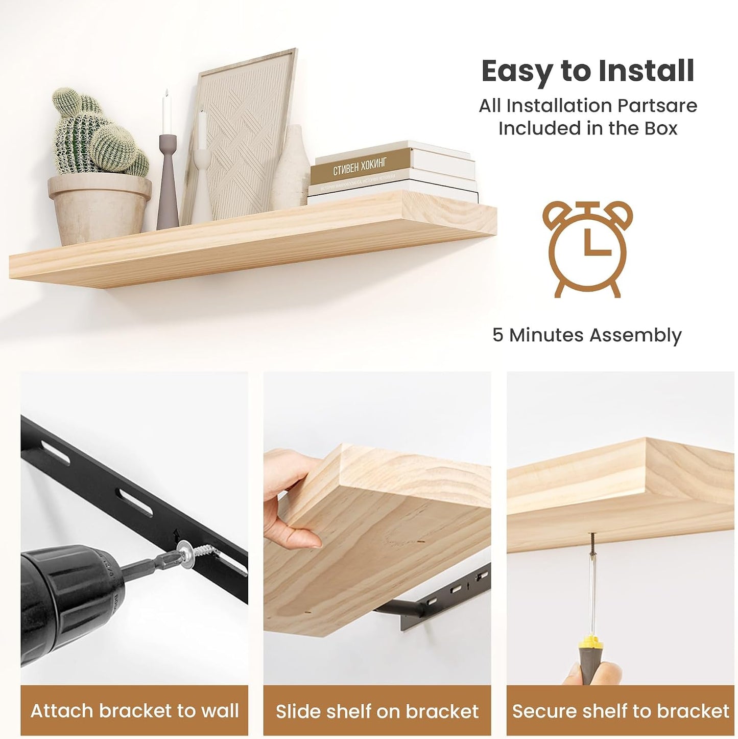 Fun Memories Wood Floating Shelves Set of 2, Rustic Pine Wood Floating Shelves for Wall Mounting, Wide Wall Shelf for