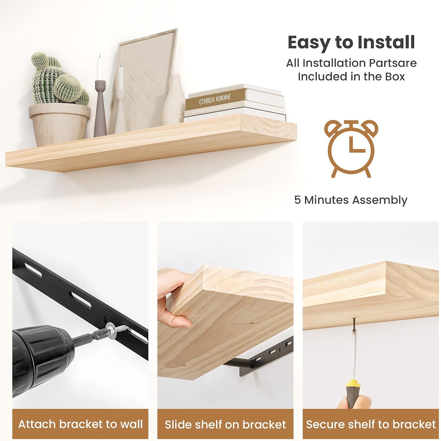Fun Memories Wood Floating Shelves Set of 2, Rustic Pine Wood Floating Shelves for Wall Mounting, Wide Wall Shelf for