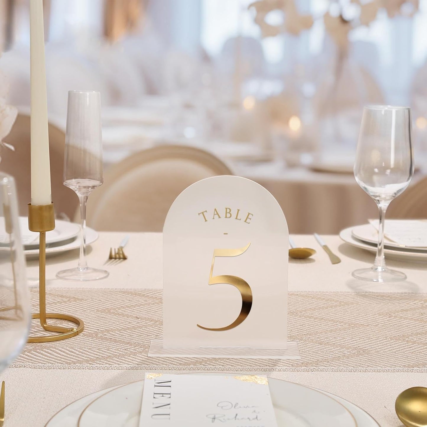 UNIQOOO Frosted Arch Wedding Table Numbers 1-15 w/Stands, Gold Foil Printed 5x7 Acrylic Display Signs &Holders, Pack of