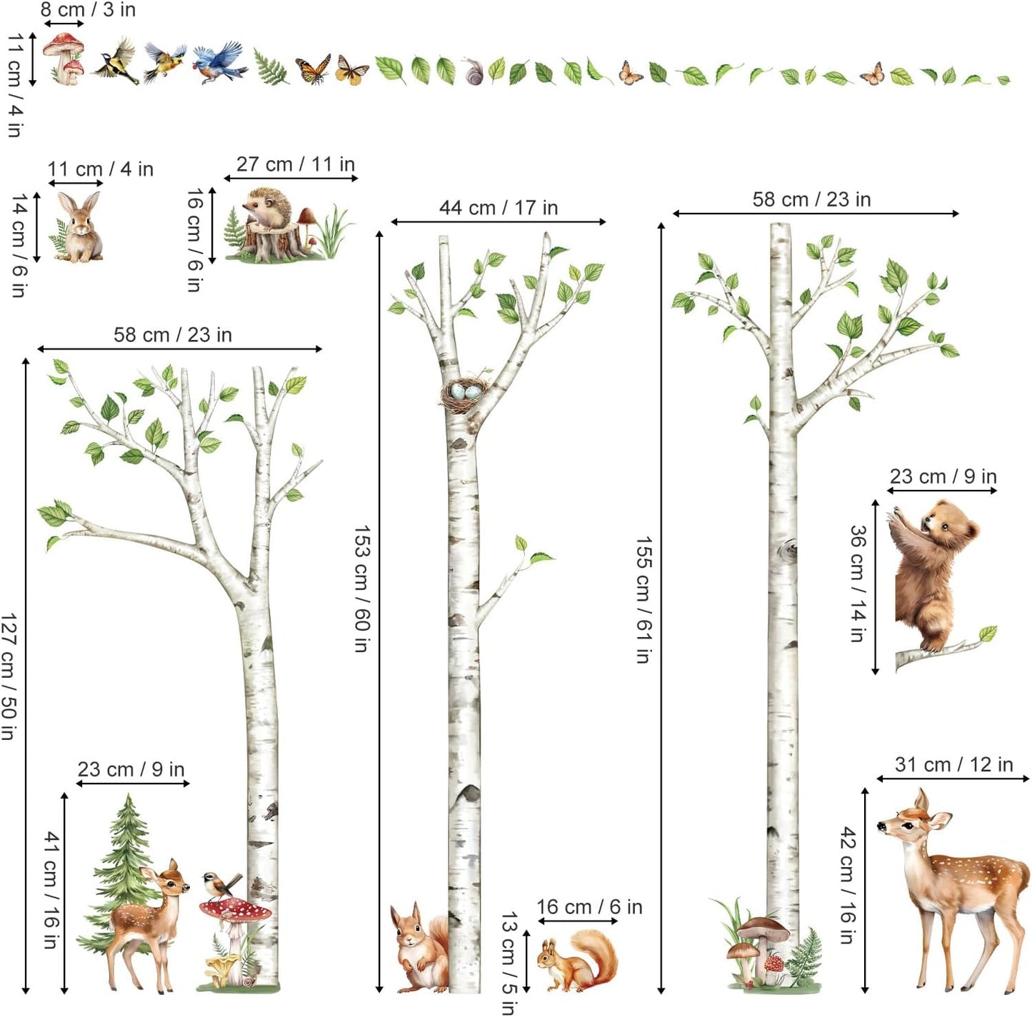 Large Birch Tree Wall Decals Woodland Animals Bear Deer Rabbit Wall Stickers Living Room / White