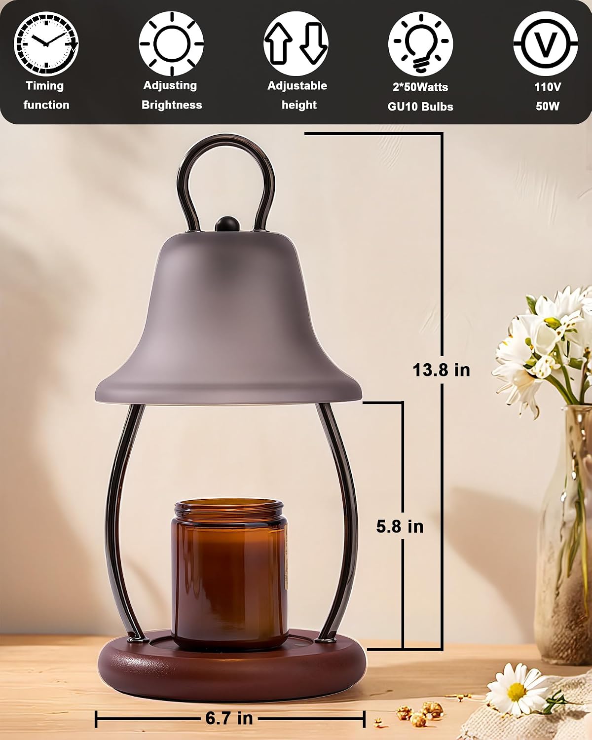 Candle Warmer Lamp with Timer, Dimmable, Adjustable Height, Black | 2 bulbs included, no flame needed, 1-year warranty