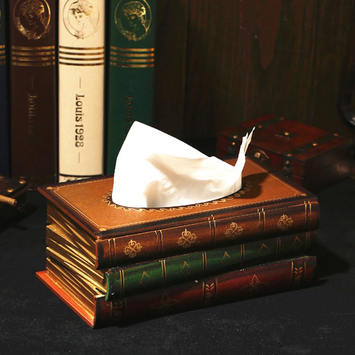 Elegant Wooden Antique Book Tissue Holder Dispenser/Novelty Napkin Holder / 10.75 x 6.5 x 4