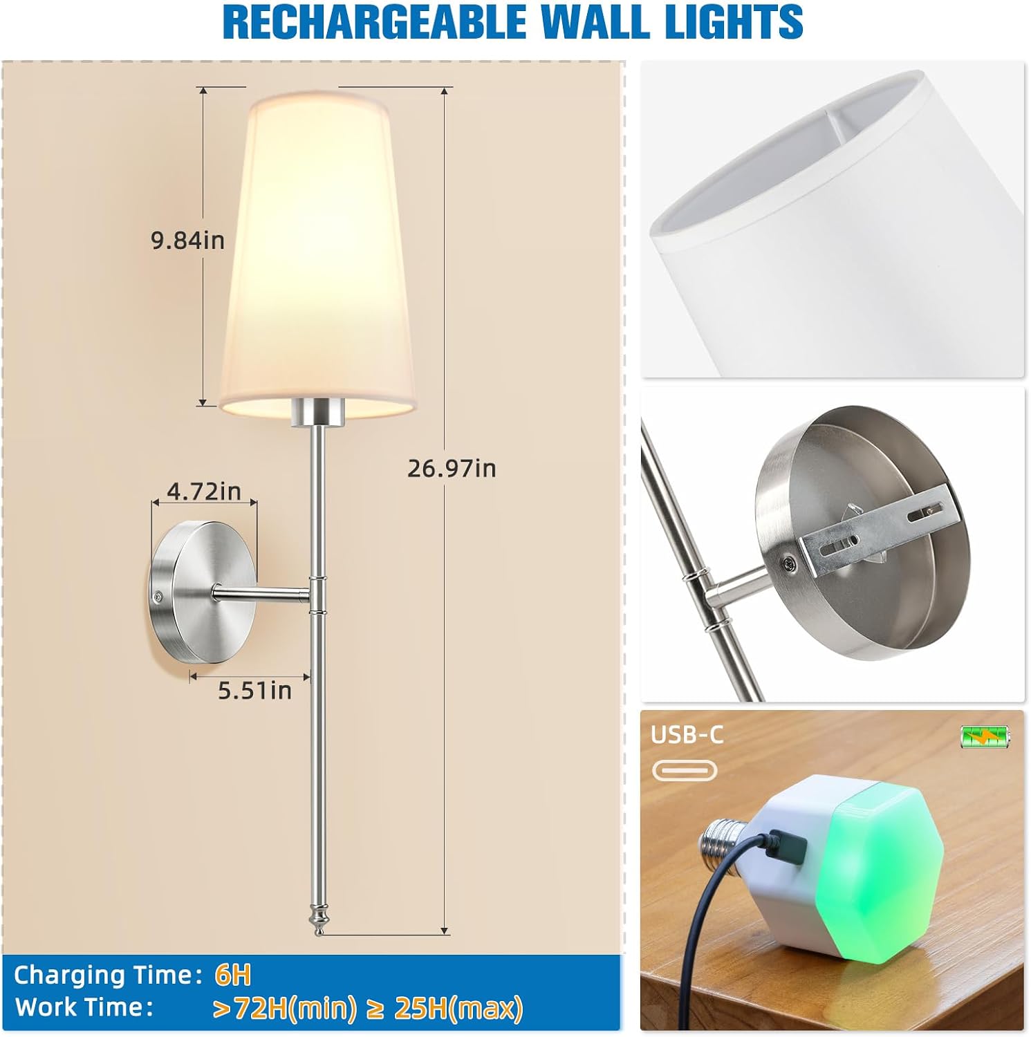 Brushed Nickel Battery Operated Wall Sconce Set of 2,Rechargeable Wall Lights with 10400mAh Dimmable Detachable Bulbs
