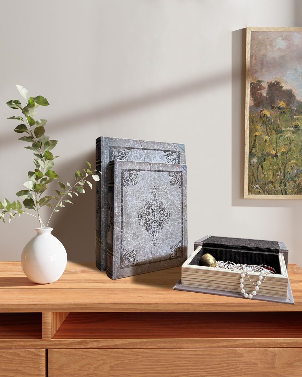Wooden Book Box / 3 x Gray Vintage / Set of 3