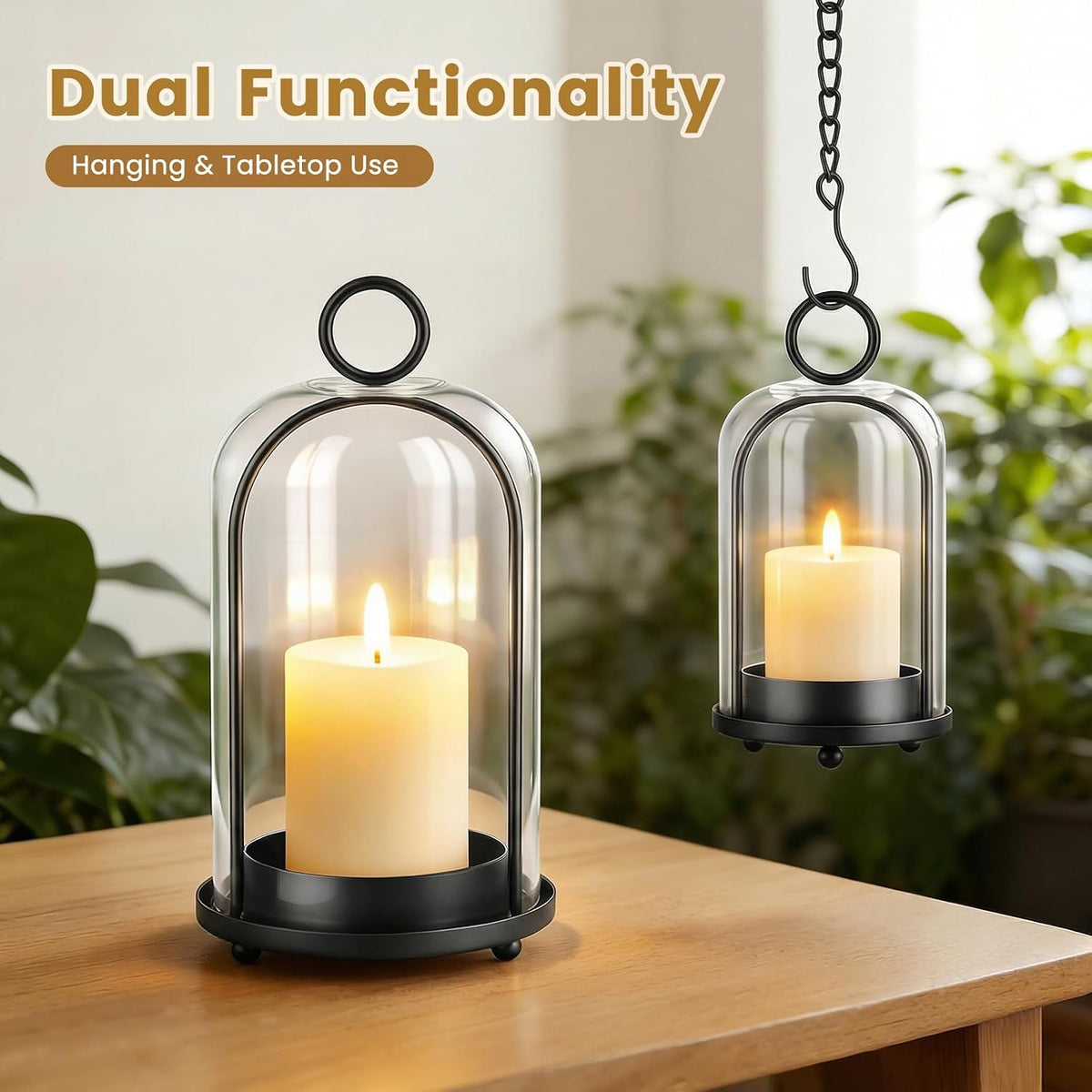 Metal Candle Holder, 5"&4" Wide Hurricane Glass Candle Holders with Handmade Glass Dome, Hanging Candle Lantern for
