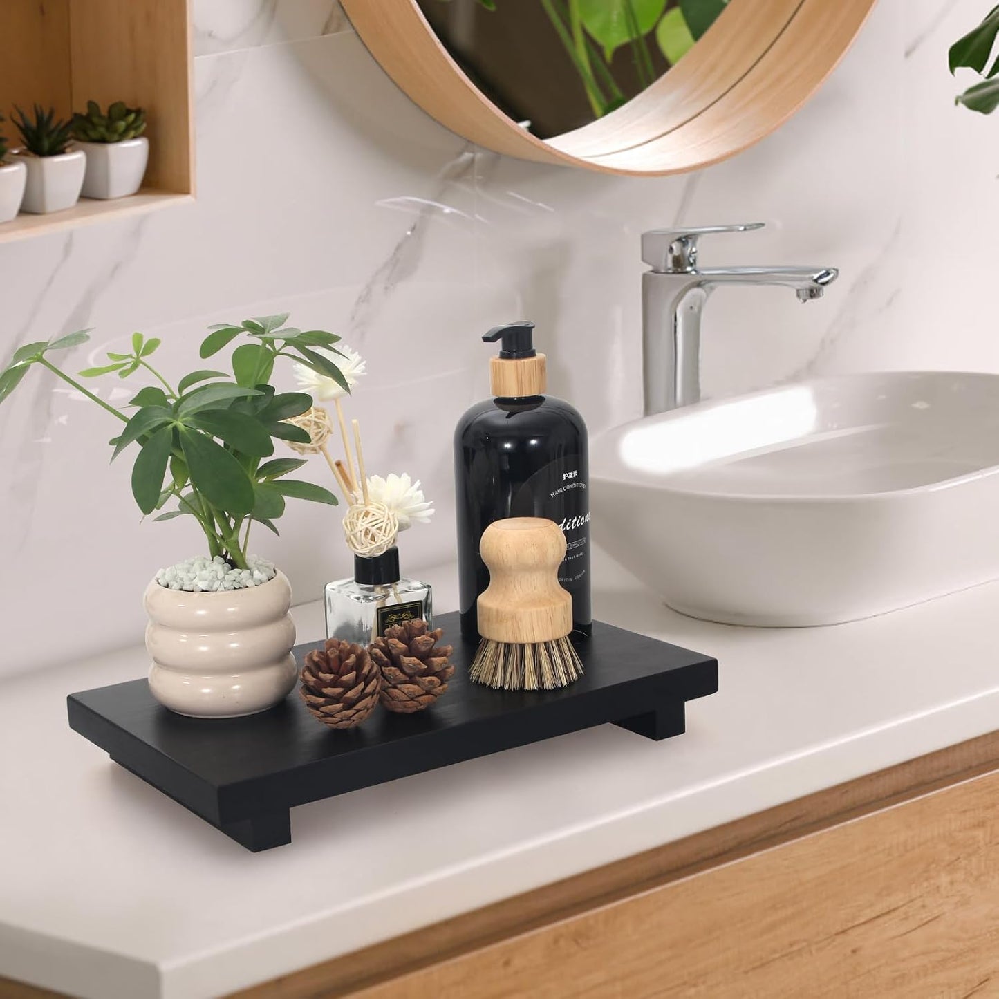 Wooden Bathroom Tray Decorative Kitchen Countertop Trays Farmhouse Wood Riser / 10 x 6 x 1.6 / Black