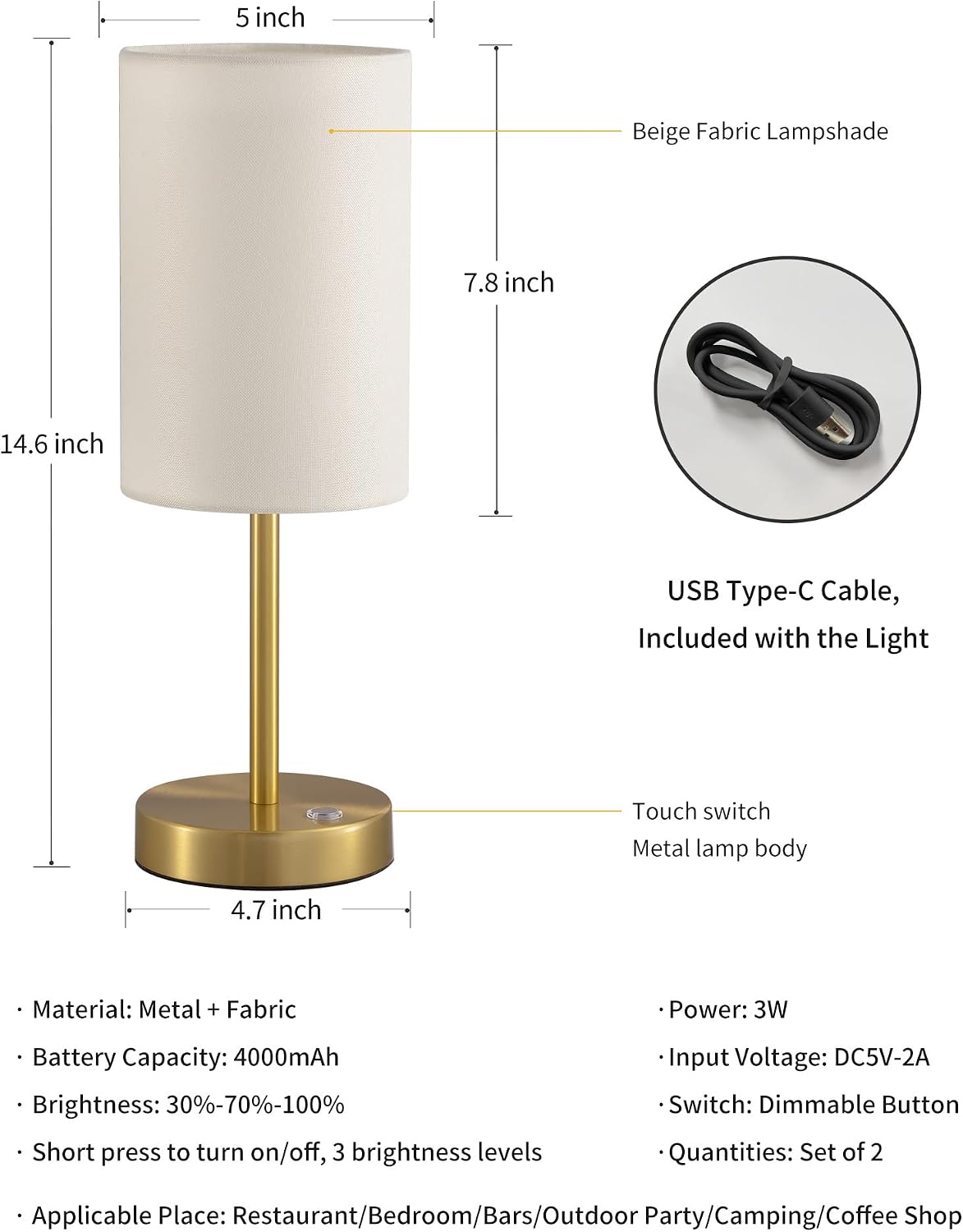 KDG Gold Cordless Table lamp, Portable Bedside 4000mAh LED Desk Lamp | Rechargeable 3 Brightness Levels Emergency