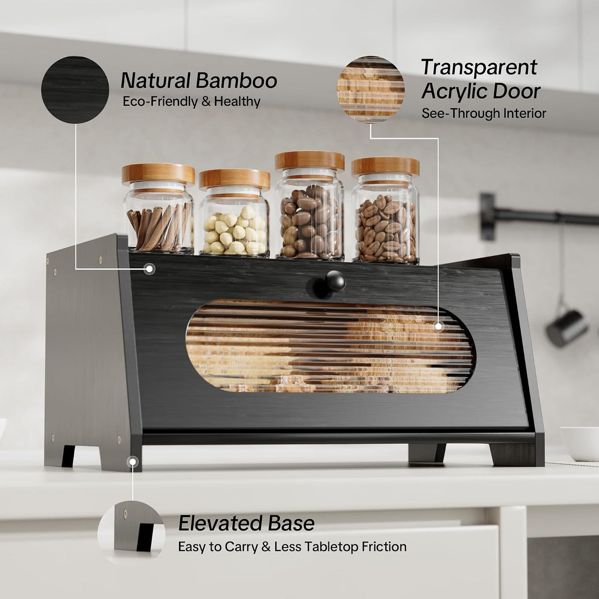 Black Bread Box for Kitchen Countertop,Large Capacity Kitchen Countertop Organizer,Bread Storage with Acrylic Window