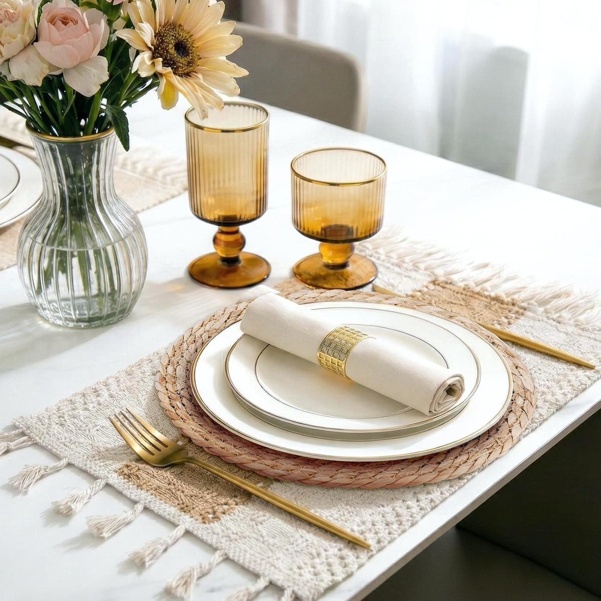 Placemats Set of 8 - Rattan Round Place Mats & 11.8” x 17” Cotton Braided Placemat for Dining Table Setting, Rustic