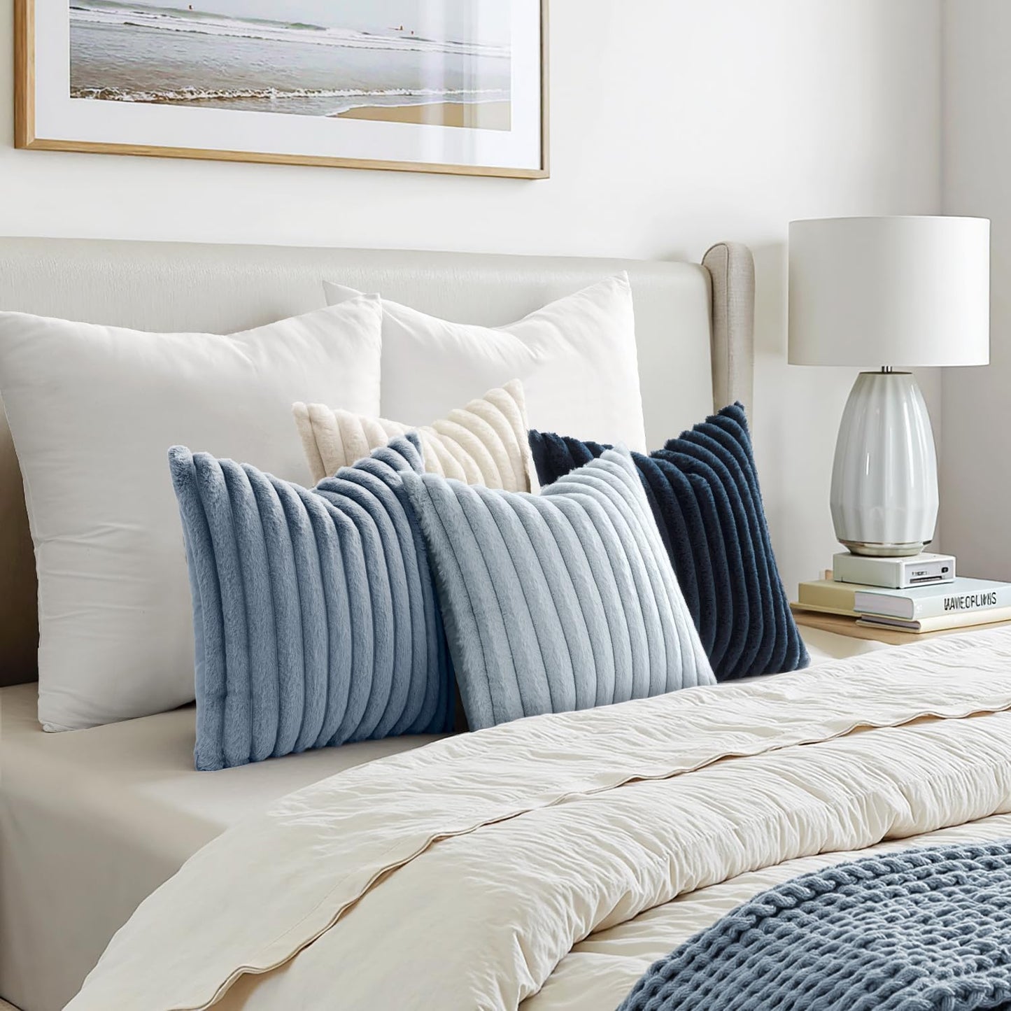 Faux Fur Plush Decorative Throw Pillow Covers / 18 x 18 / Navy Blue / Set of 4