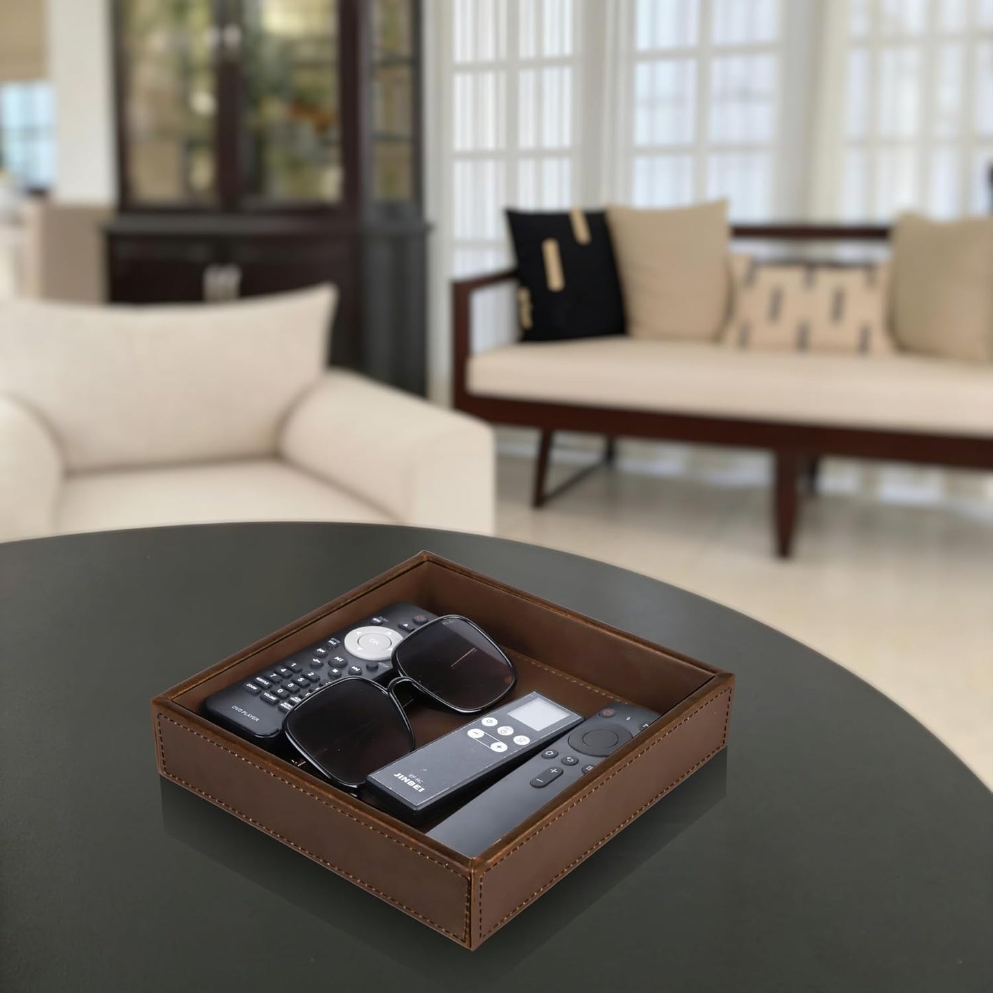 Faux Leather Vanity Tray / Brown / 8 x 8 x 1.8