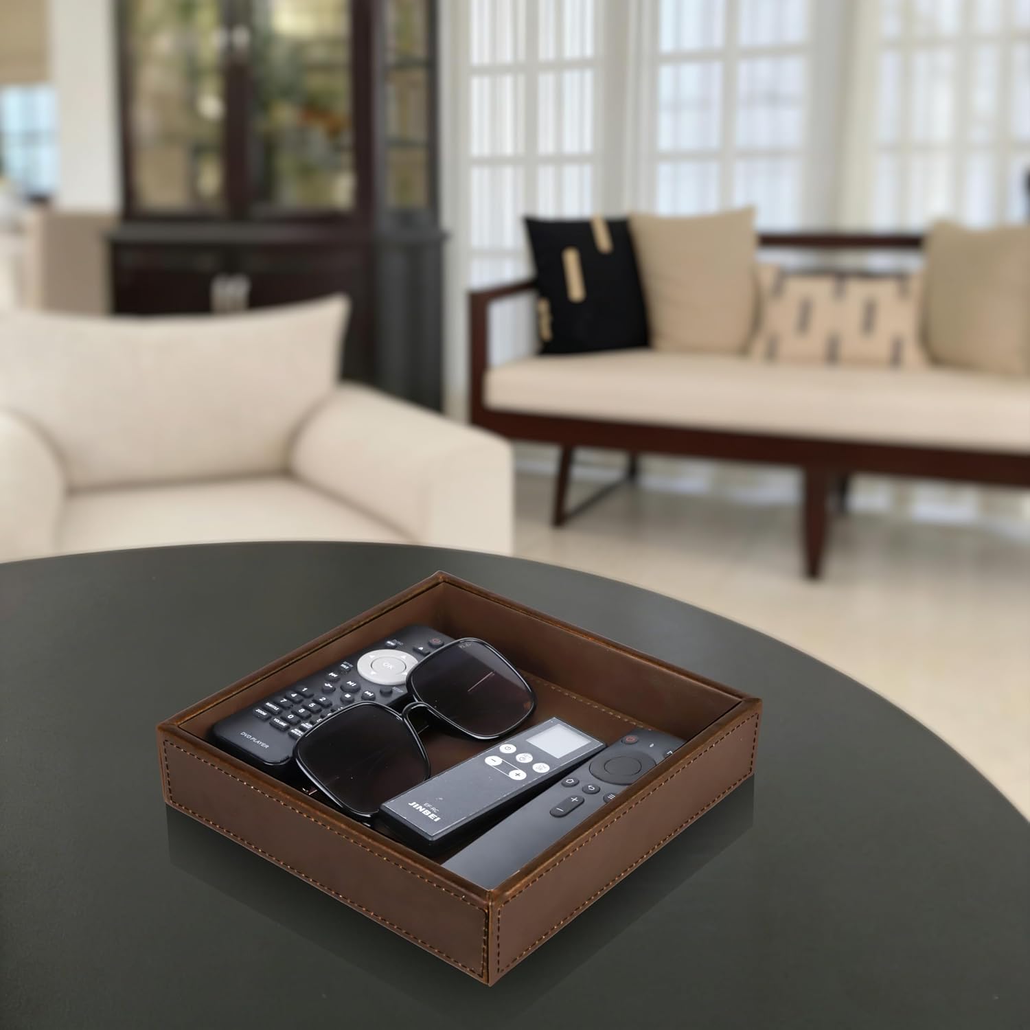 Faux Leather Vanity Tray / Brown / 8 x 8 x 1.8