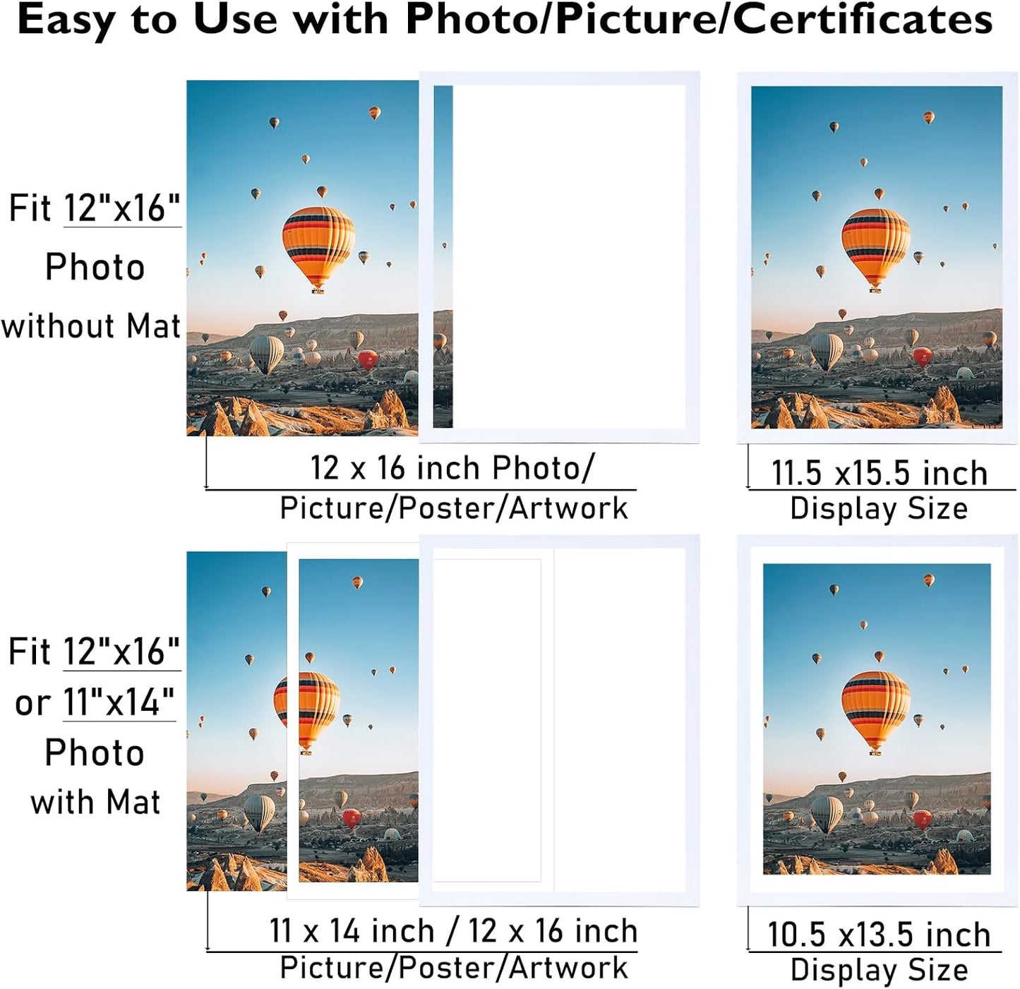 JCJMY 12x16 Picture Frame Set of 4 White with 11x14 Mat, Display Photo 11x14 with Mat or 12 x 16 Without Mat, Wall